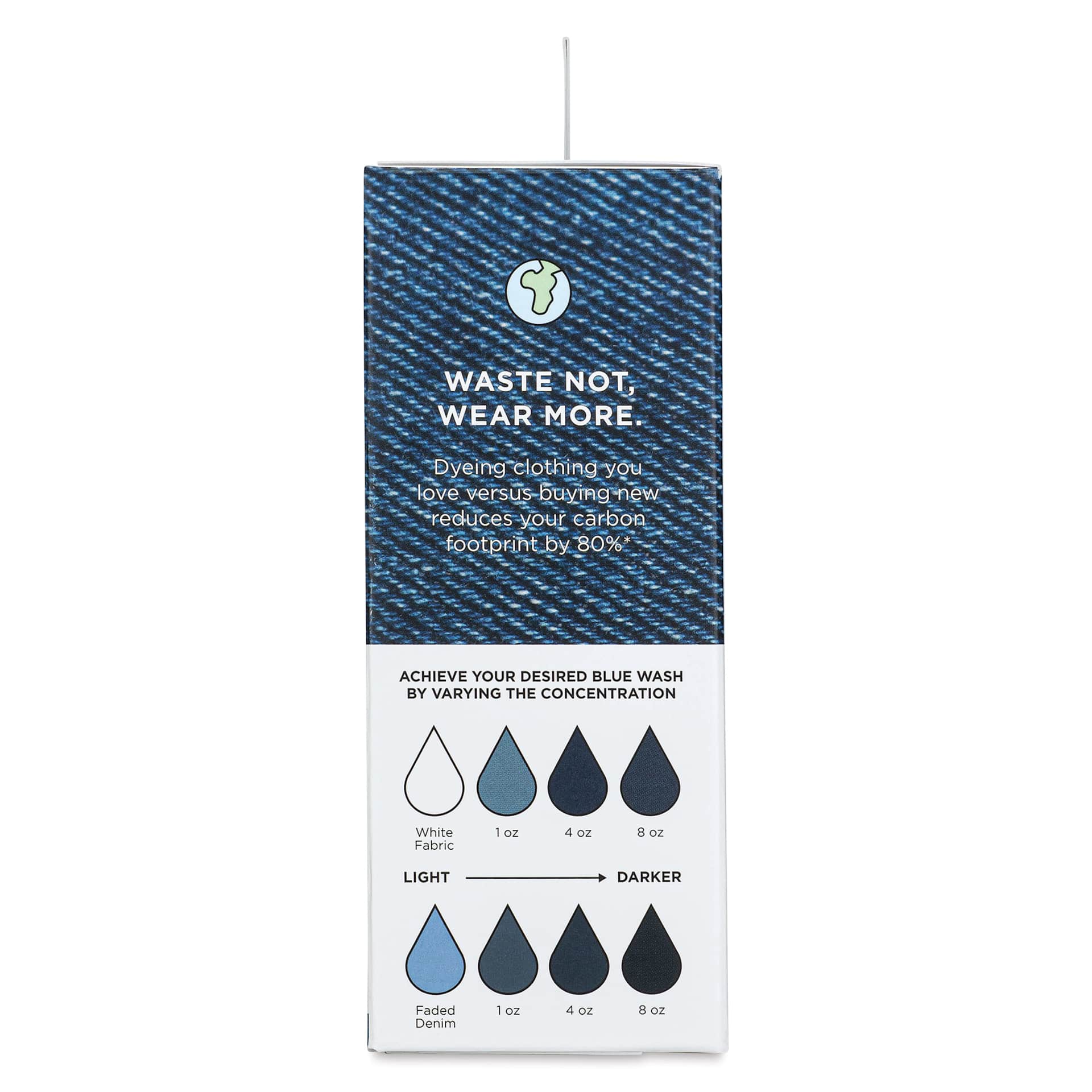 Rit Back to Blue Denim Dye Kit - side one of packaging, blue wash concentration card 
