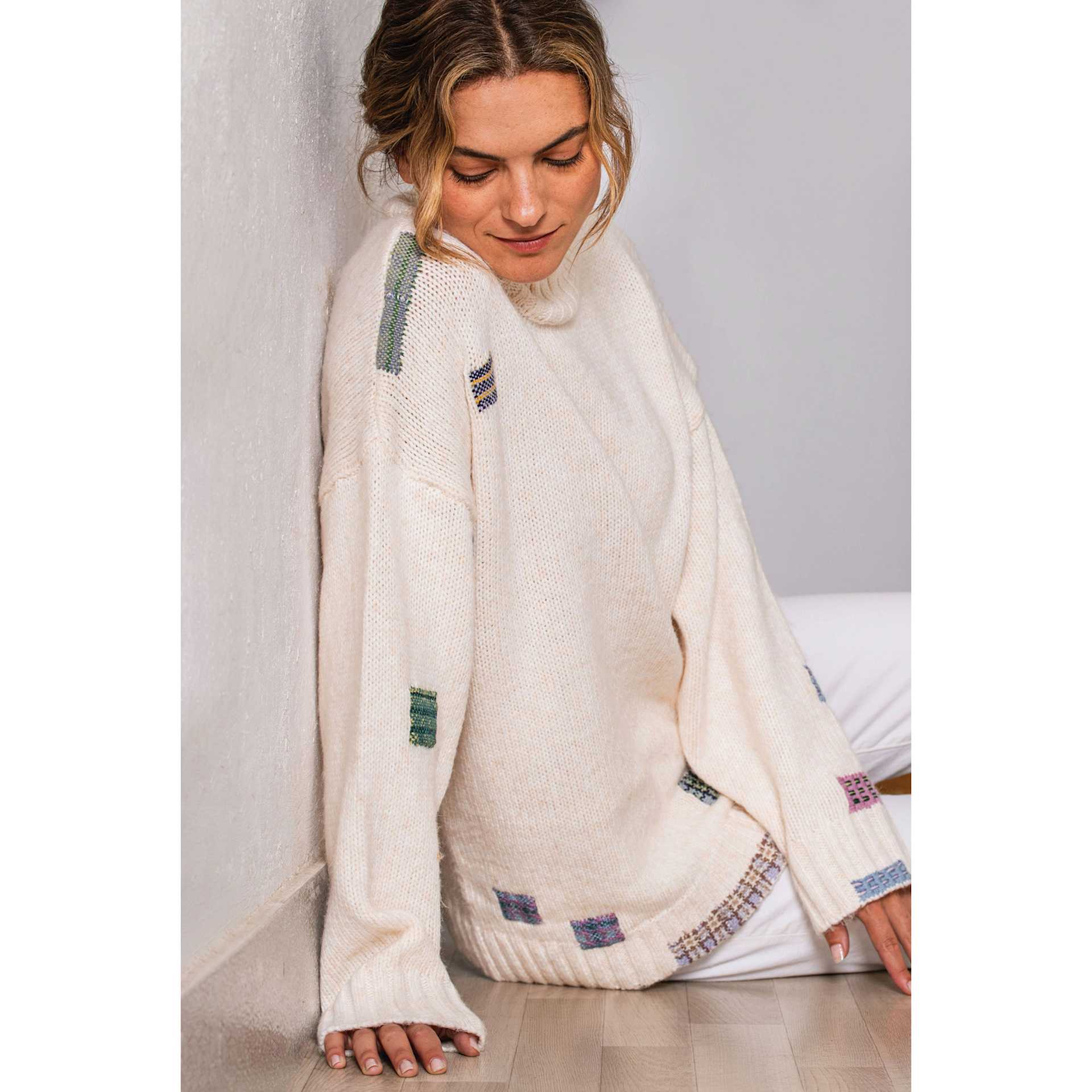 DMC Mini Weaving Loom - sweater with finished embroidery patch examples