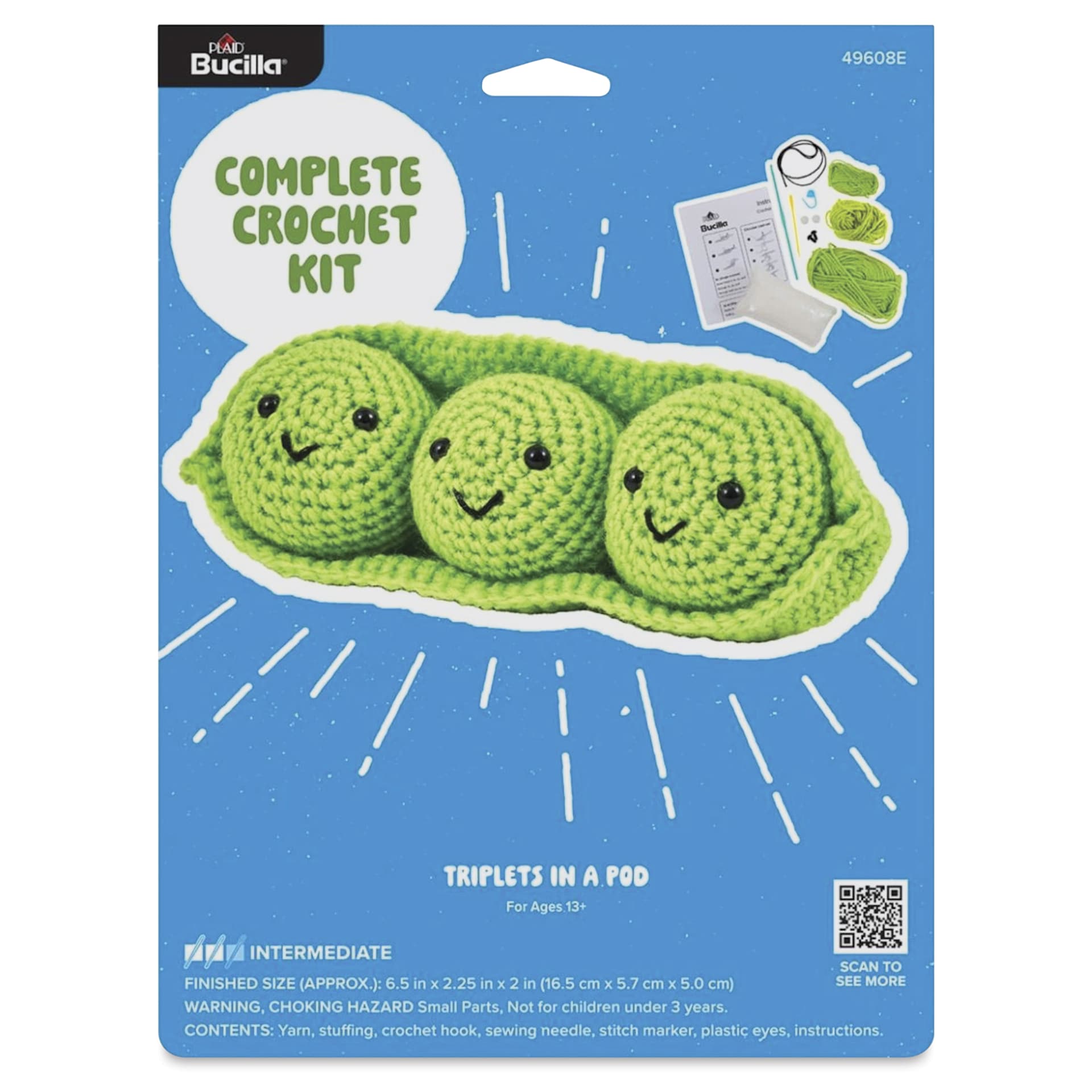 Bucilla Acrylic Yarn Amigurumi Crochet Kit - Triplets in a Pea Pod, 6.5" x 2.25" x 2" - front of packaging