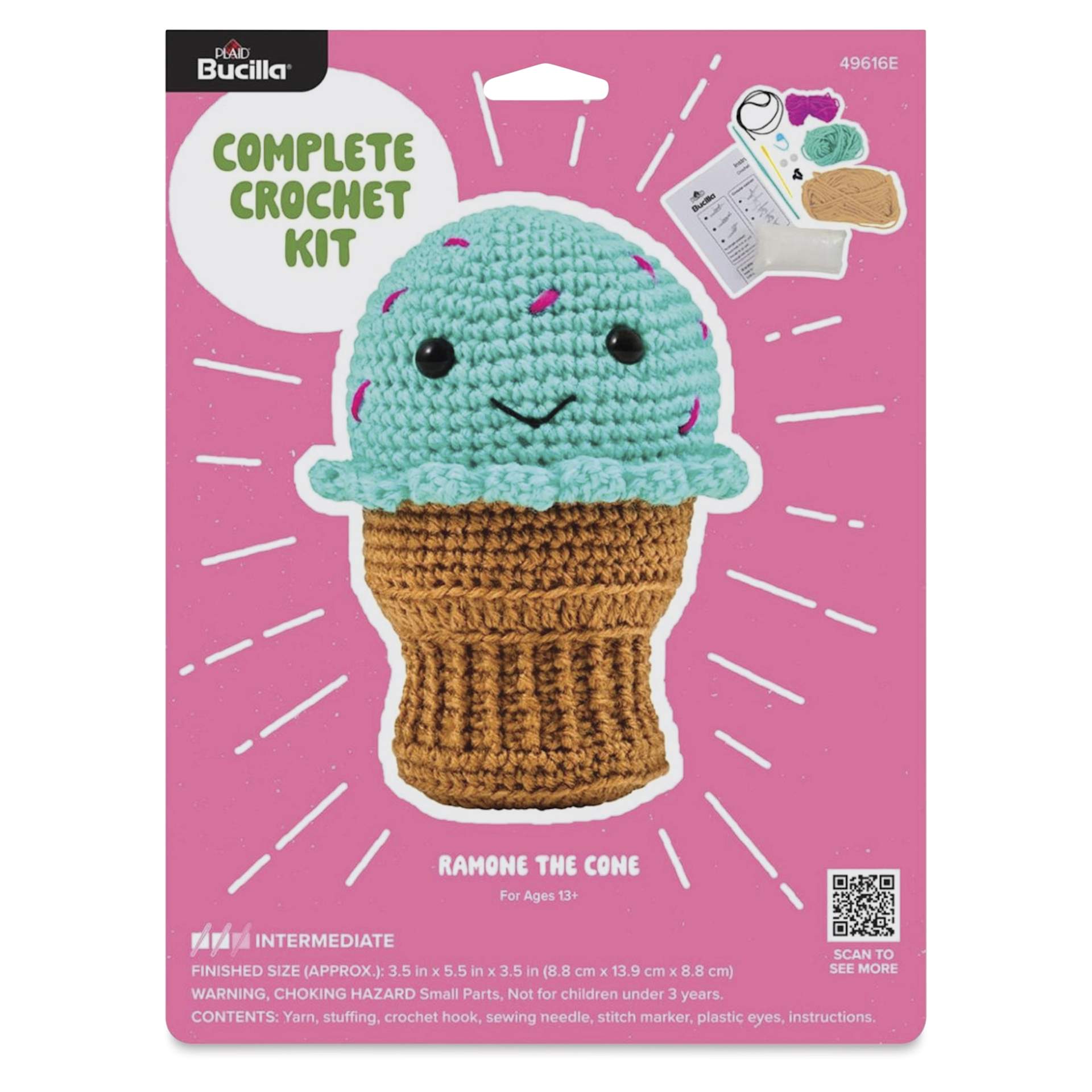 Bucilla Acrylic Yarn Amigurumi Crochet Kit - Ramone the Ice Cream Cone - front of packaging
