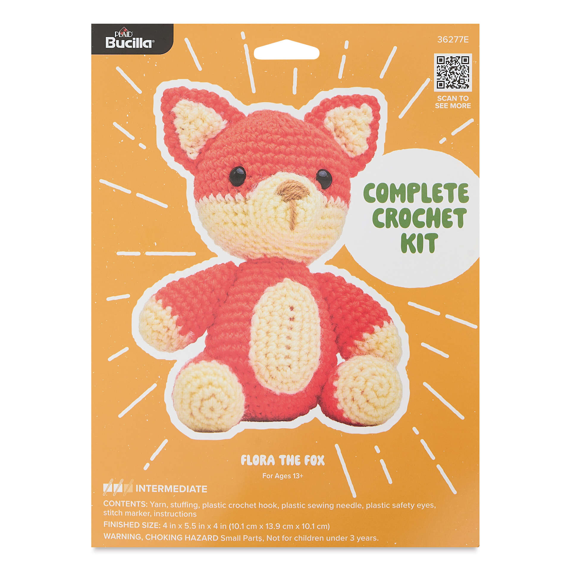 Bucilla Acrylic Yarn Amigurumi Crochet Kit - Flora the Fox, 4" x 5-1/2" x 4" front of packaging