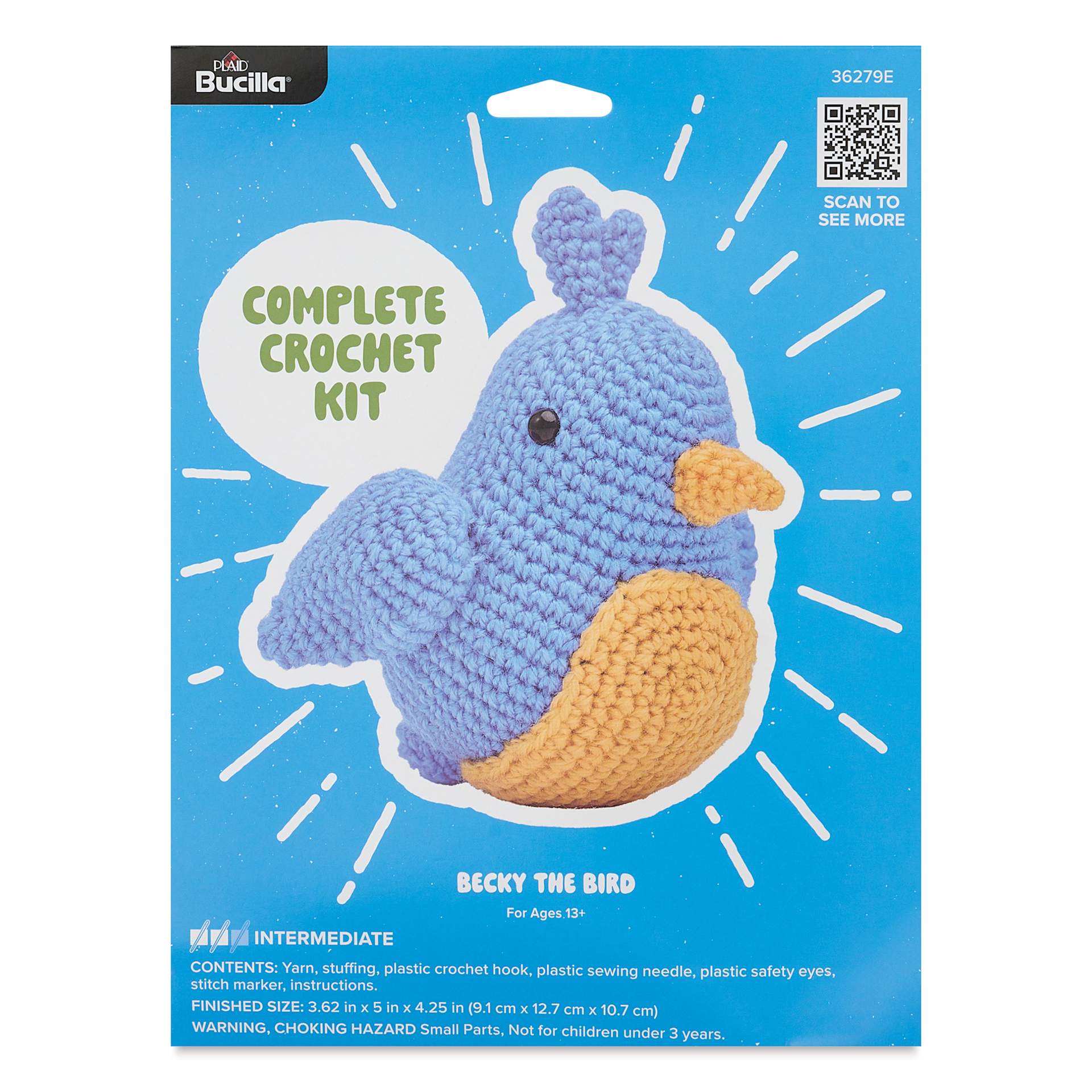 Bucilla Acrylic Yarn Amigurumi Crochet Kit - Becky the Bird, 3.62" x 5" x 4.25" front of packaging