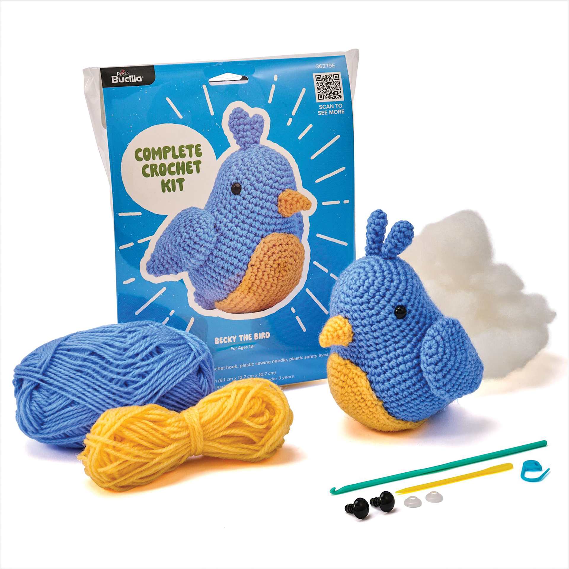 Bucilla Acrylic Yarn Amigurumi Crochet Kit - Becky the Bird, finished kit and kit contents