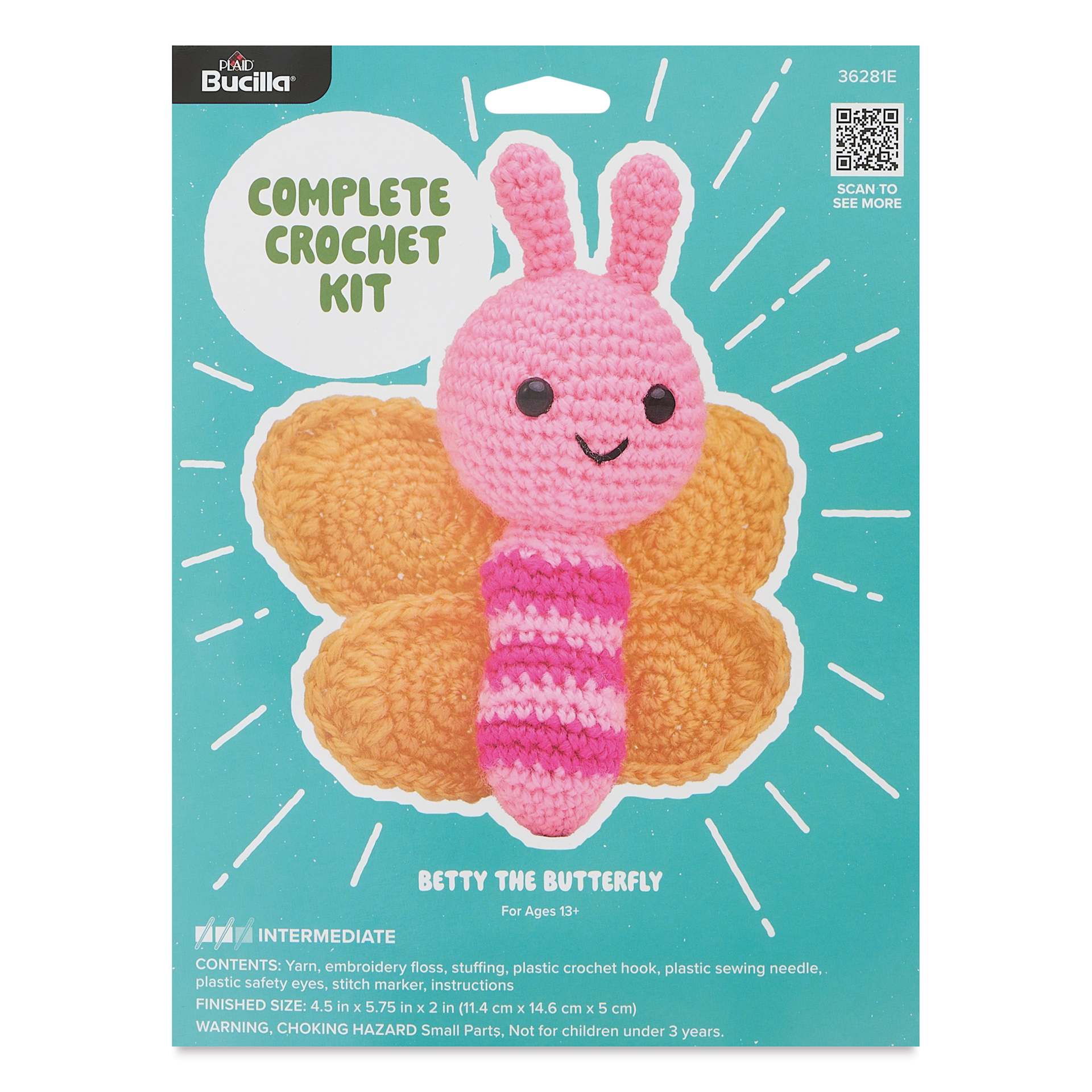 Bucilla Acrylic Yarn Amigurumi Crochet Kit - Betty the Butterfly, 4.5" x 5.75" x 2" front of packaging