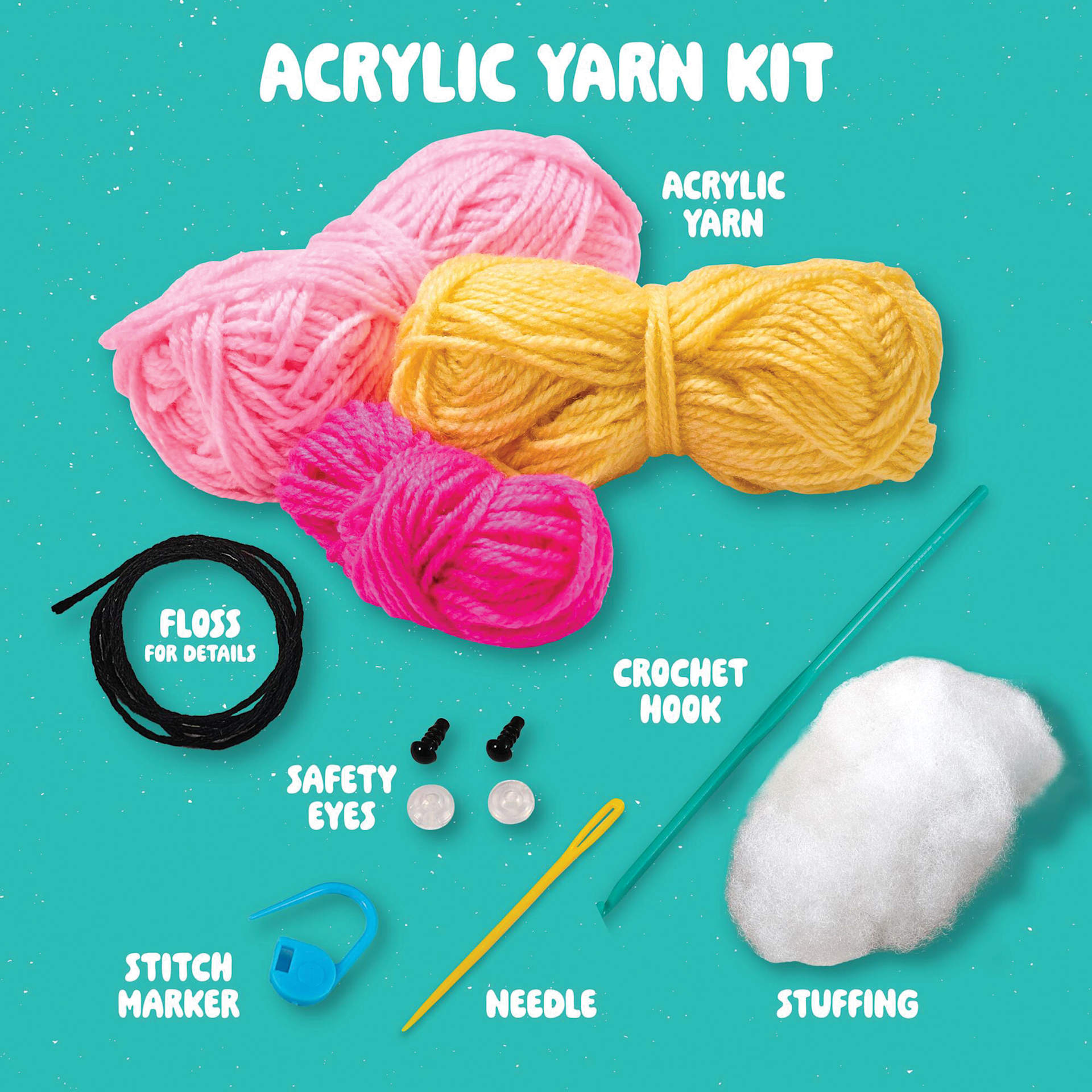Acrylic Yarn Kit. Acrylic Yarn. Safety Eyes. Crochet Hook. Stitch Marker. Needle. Stuffing. Floss.