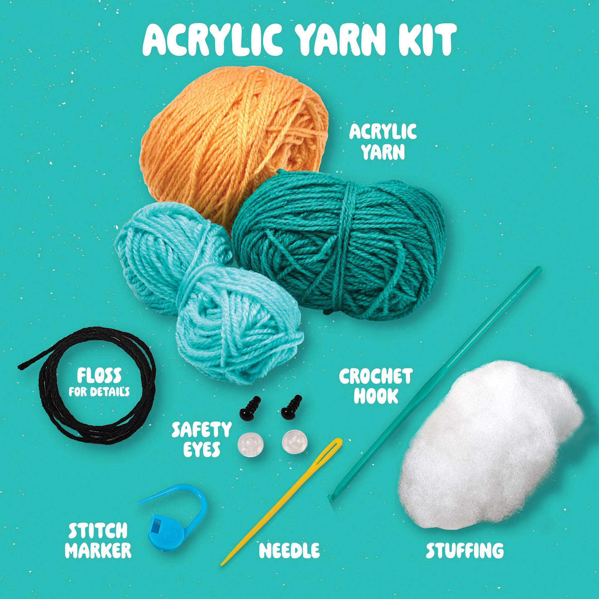 Acrylic Yarn Kit. Acrylic Yarn. Safety Eyes. Crochet Hook. Stitch Marker. Needle. Stuffing. Floss.