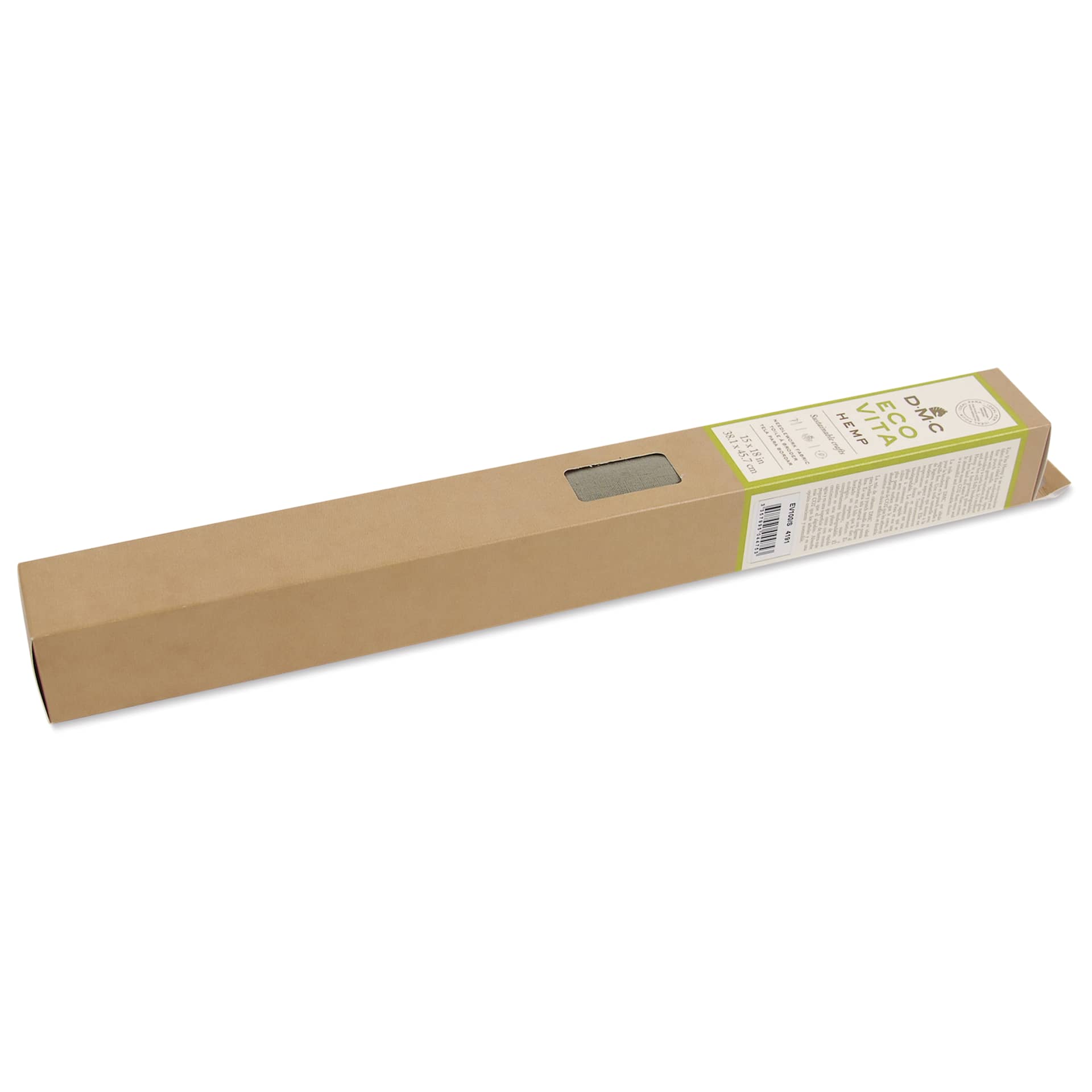 DMC Eco Vita Hemp Embroidery and Punch Needle Fabric - Khaki, 15" x 18" - packaging, angled