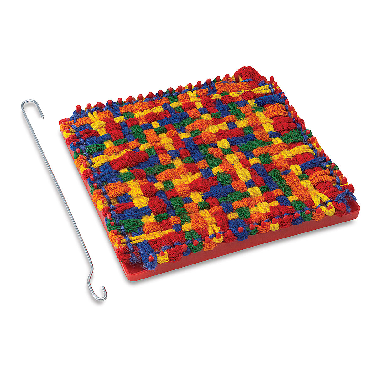 Plastic Pot Holder Loom - Angled view of loom with hook