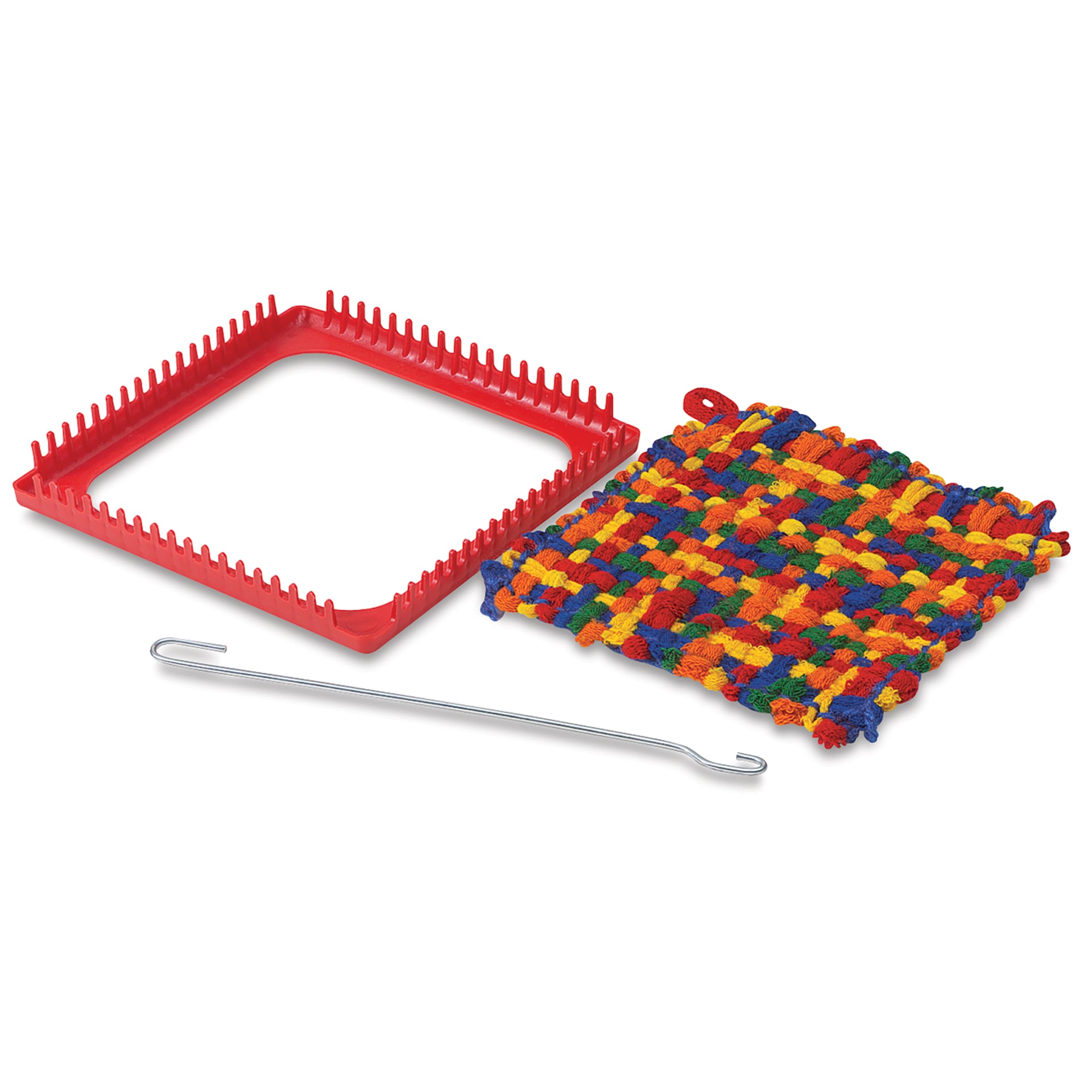 Plastic Pot Holder Loom - 7" x 7" - Loom, hook, and finished pot holder example