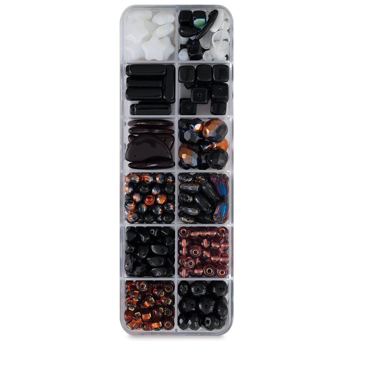 Czech Glass Bead Box Mixes - Components of Dark Starnight Bead Assortment in compartments