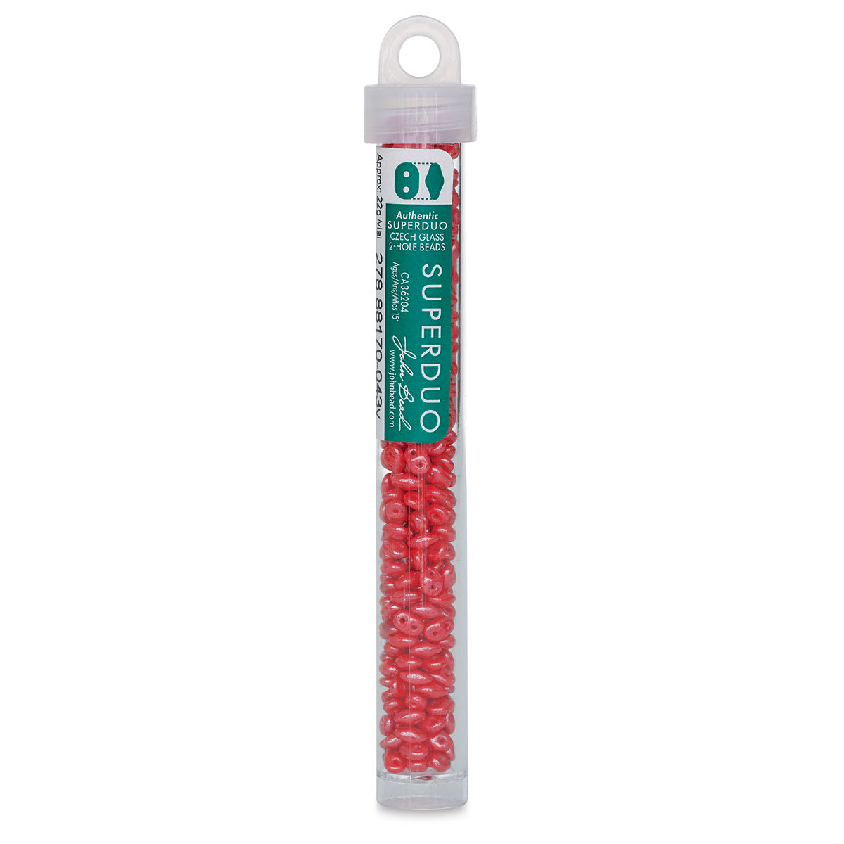 John Bead Czech Glass SuperDuo Two-Hole Beads - Coral Red Beads shown in tube
