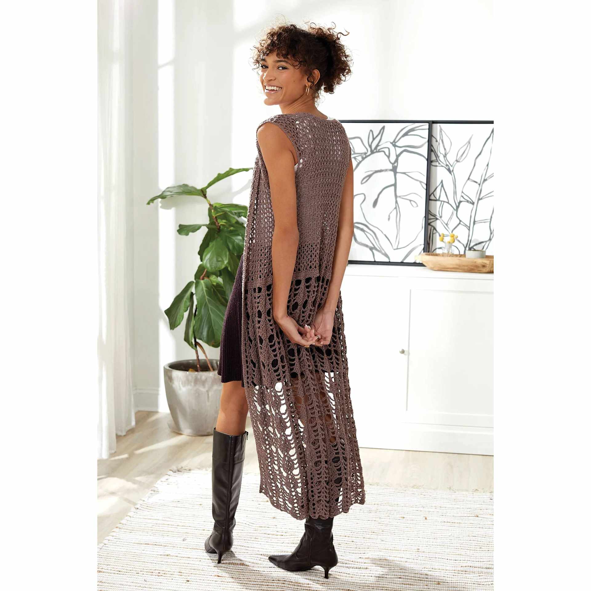 Premier Yarn Cotton Fair Yarn, adult wearing sleeveless long vest made of yarn