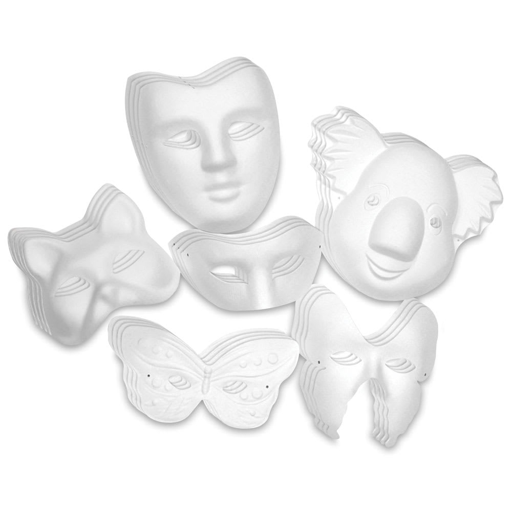 Creativity Street Paperboard Mask Assortment - 6 different unpainted masks shown