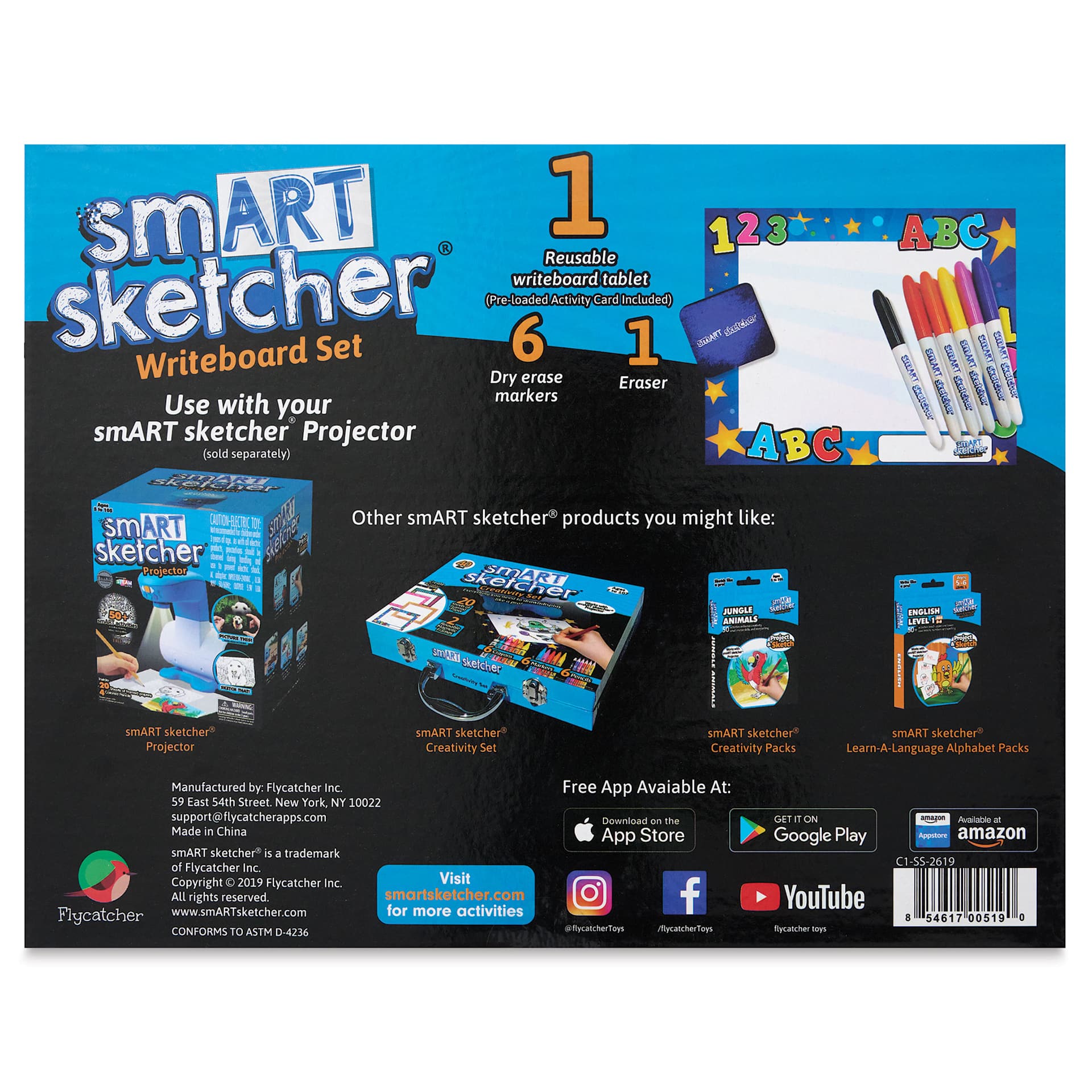 Flycatcher smART Sketcher Writeboard Set, back of the packaging. 