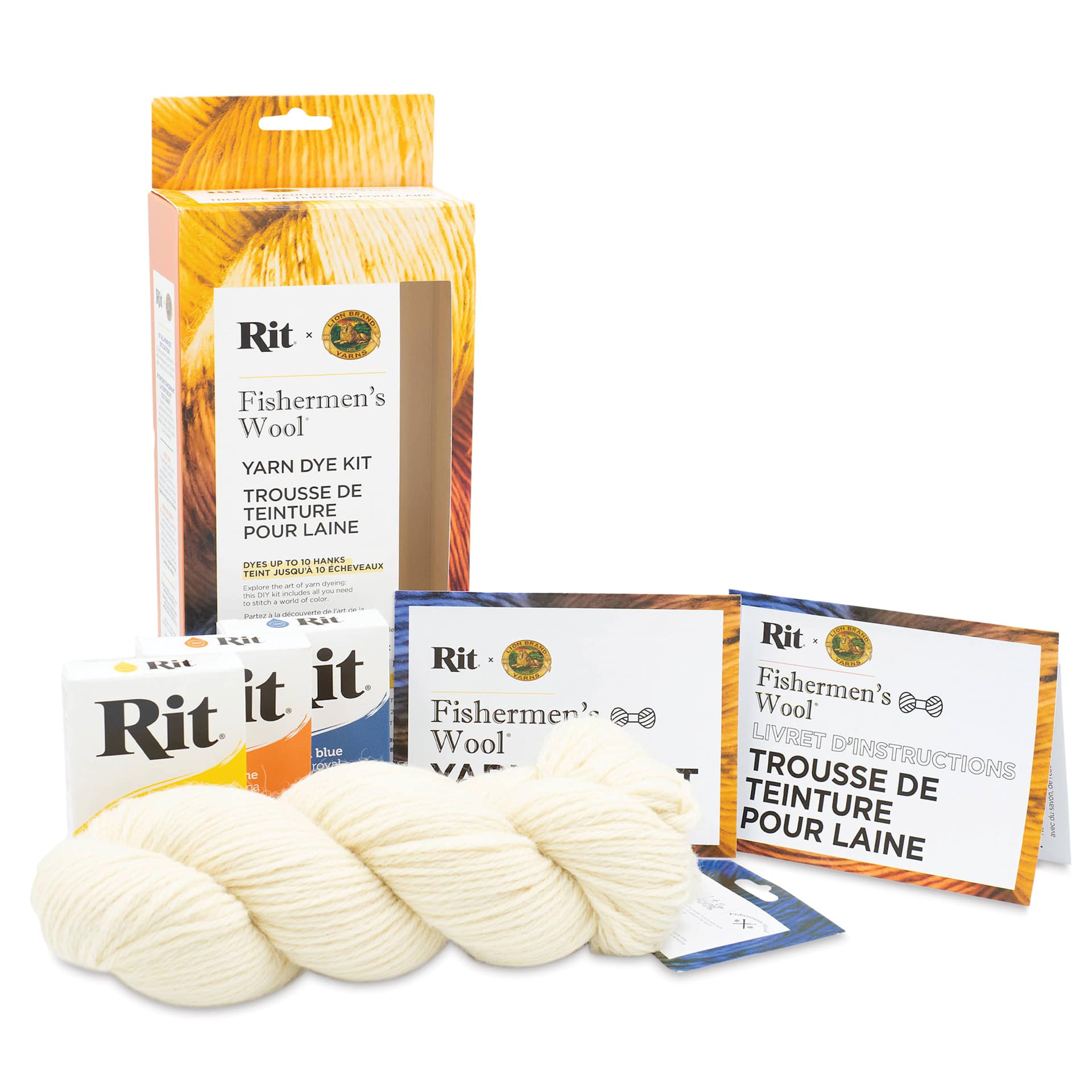 Lion Brand x Rit Fishermen's Wool Yarn Dye Kit - Tangerine, Golden Yellow, and Blue