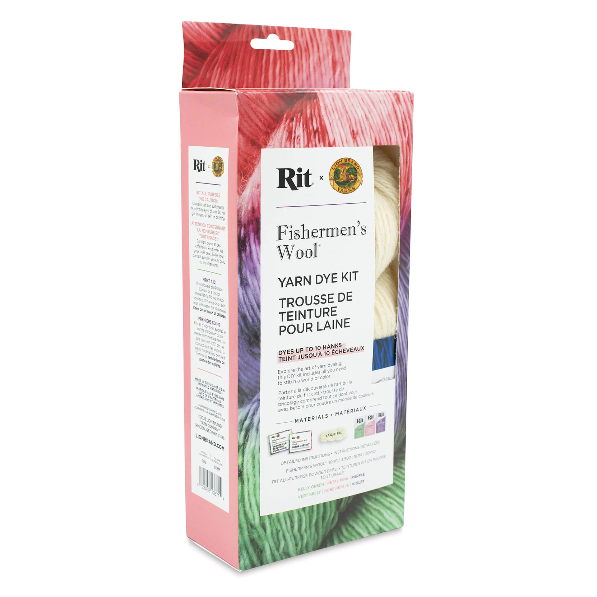 Lion Brand x Rit Fishermen's Wool Yarn Dye Kit - Kelly Green, Purple, and Petal Pink front of packaging