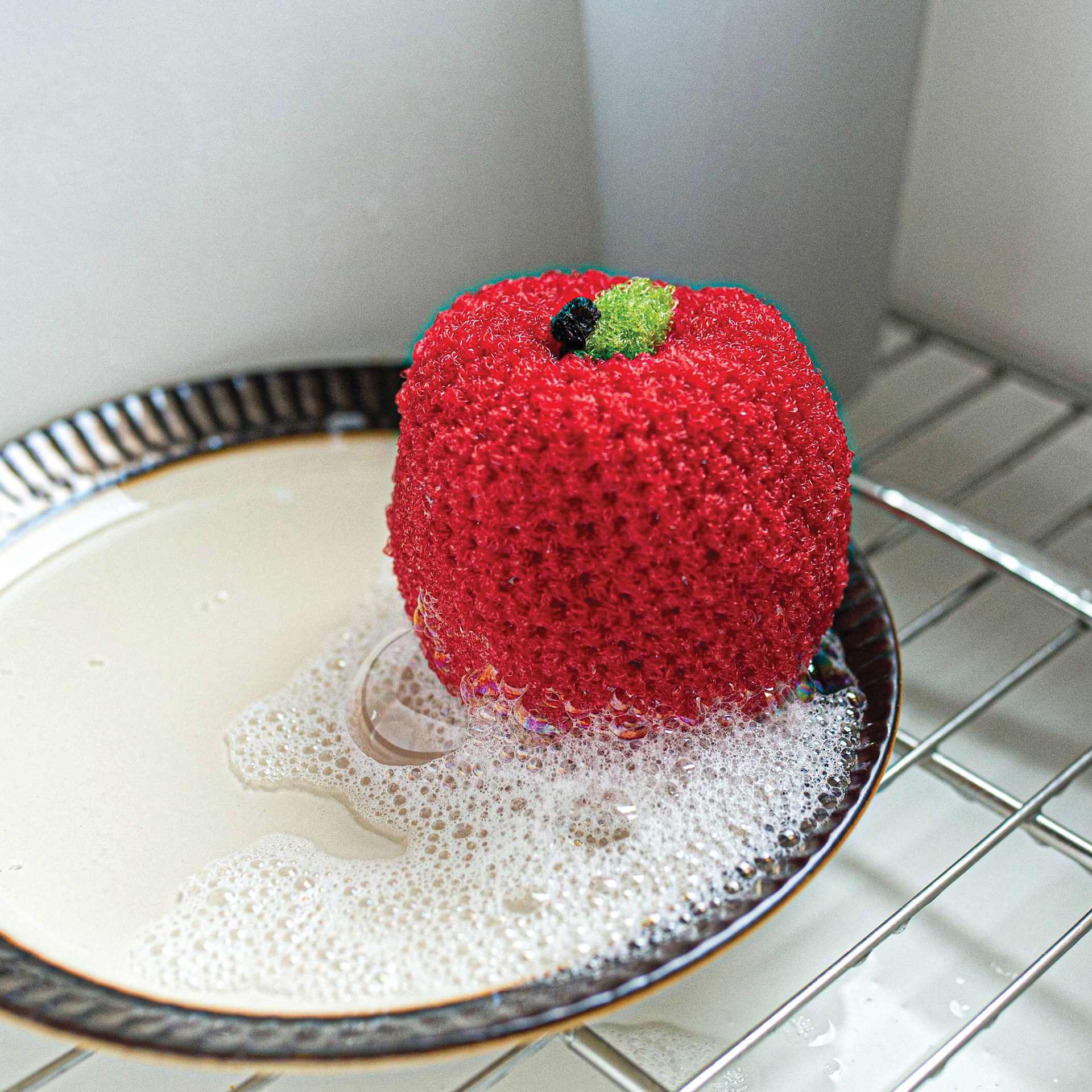 Lion Brand Stitch Soak Scrub Yarn - Poppy Red dish scrubber finished example