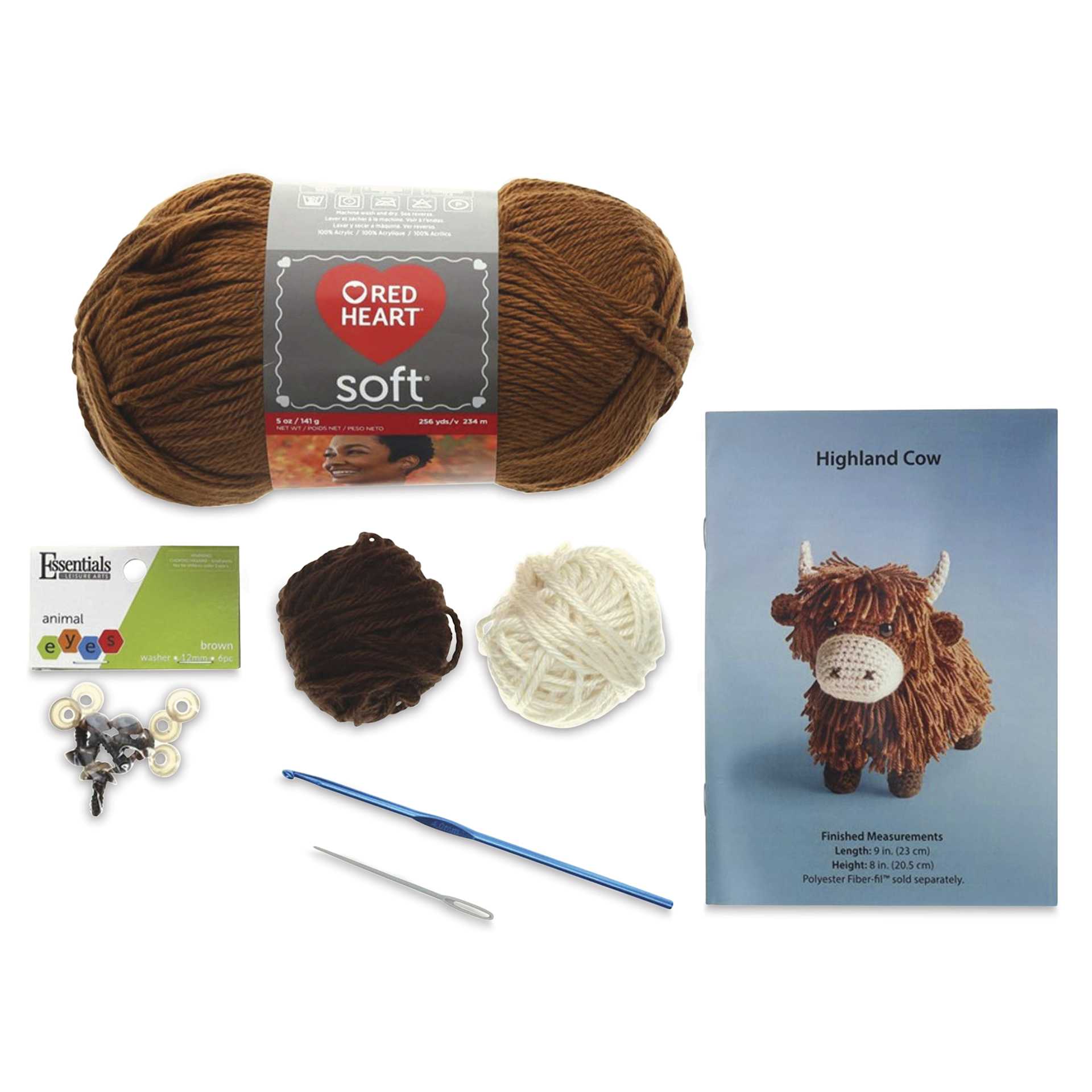 Leisure Arts Amigurumi Crochet Kit - Highland Cow contents