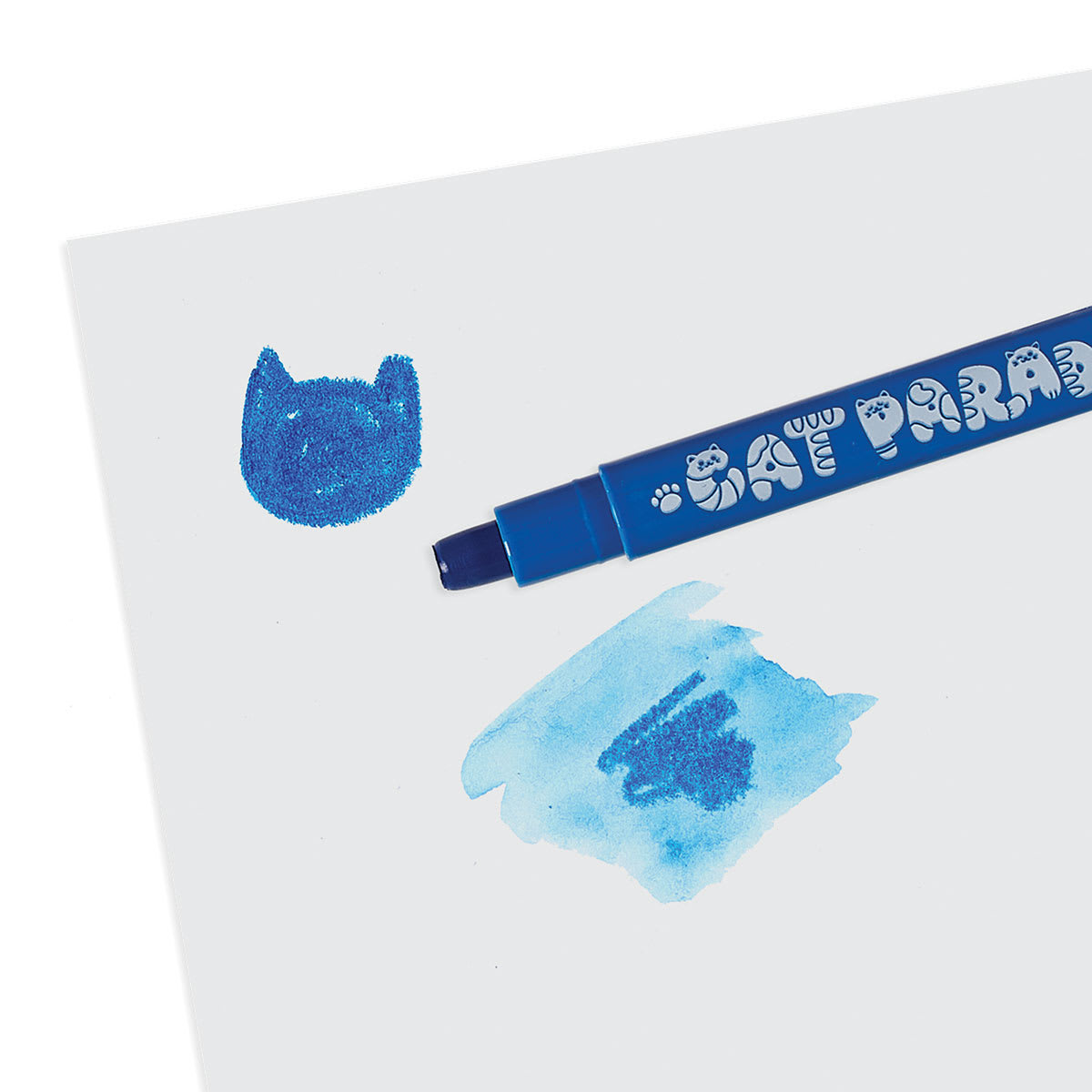 Ooly Cat Parade Watercolor Gel Crayons, blue crayon with cat doodle