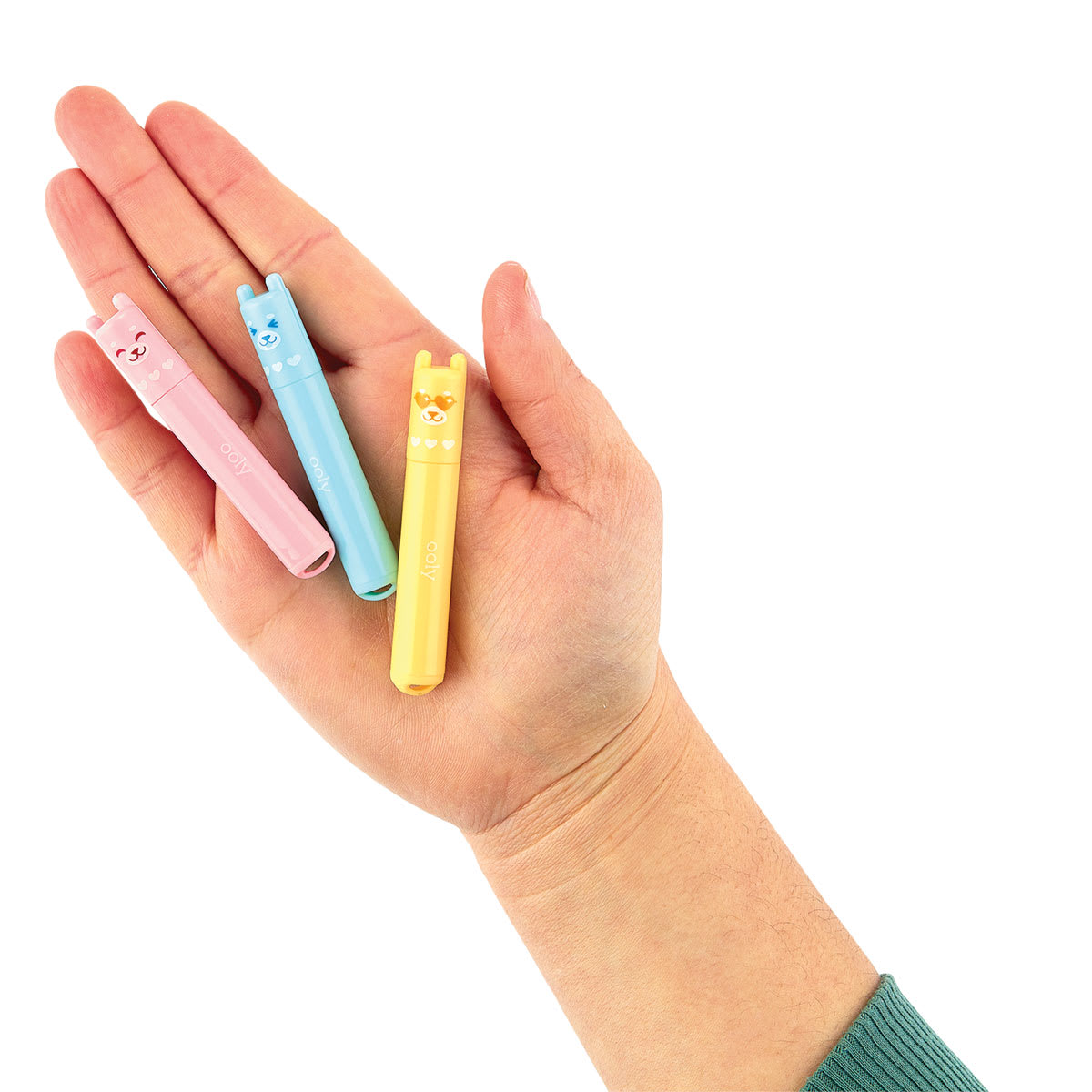 Ooly Beary Sweet Mini Scented Highlighters, pink, blue and yellow highlighters in palm of hand