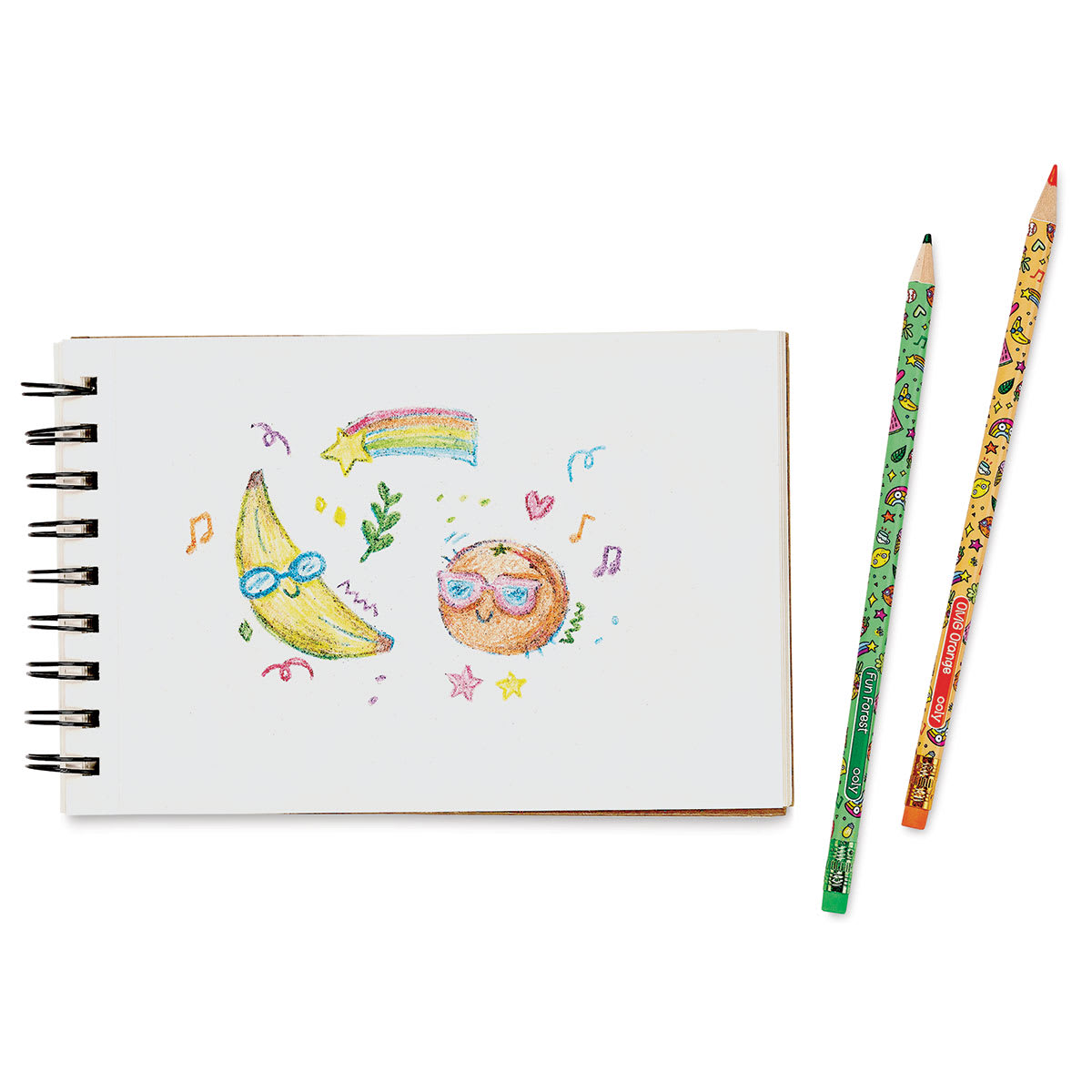 Ooly Color Doodlers Fruity Scented Erasable Colored Pencils, shooting star, banana and orange artwork with two pencils 