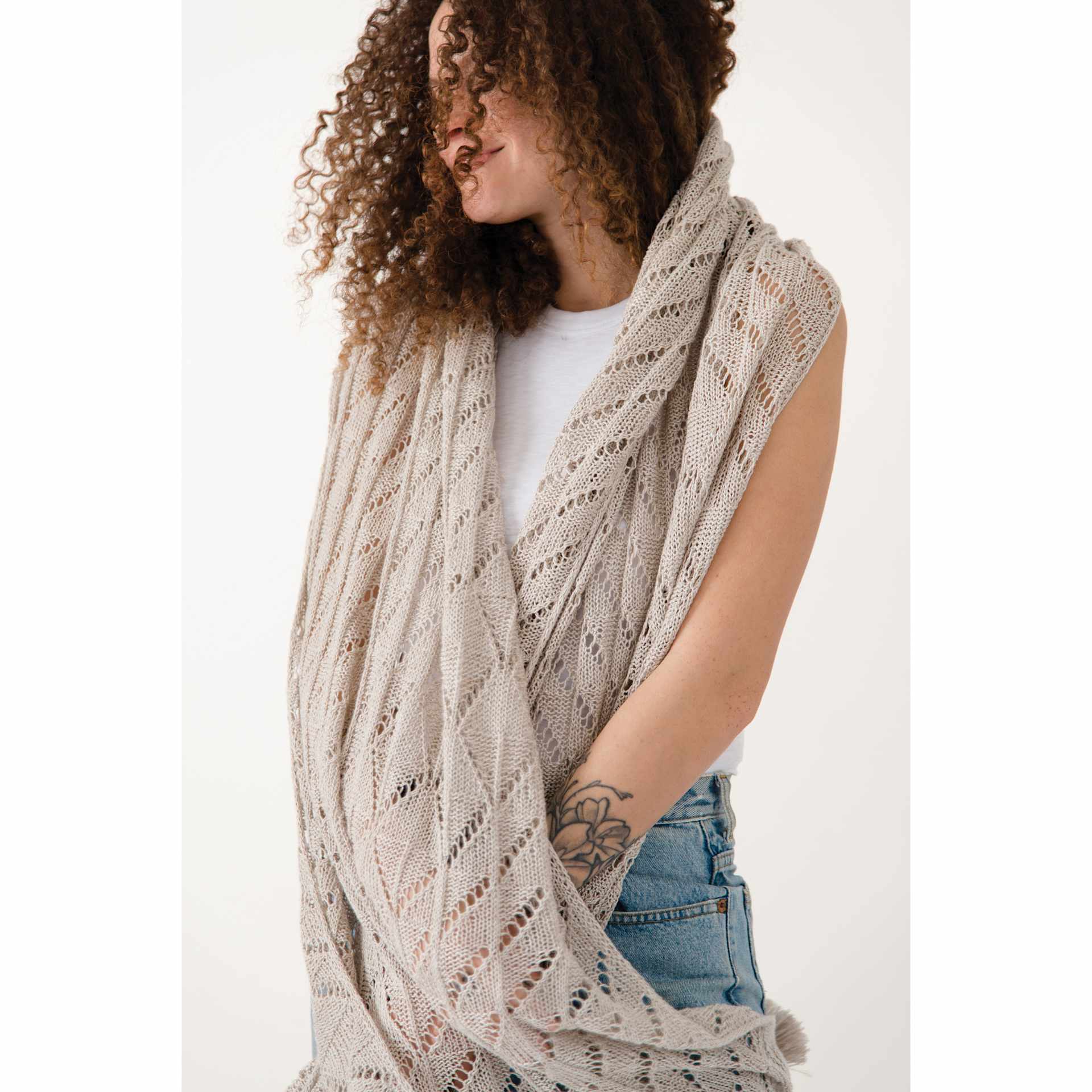 Quince & Co Sparrow Yarn - Sans Undyed, scarf on a person