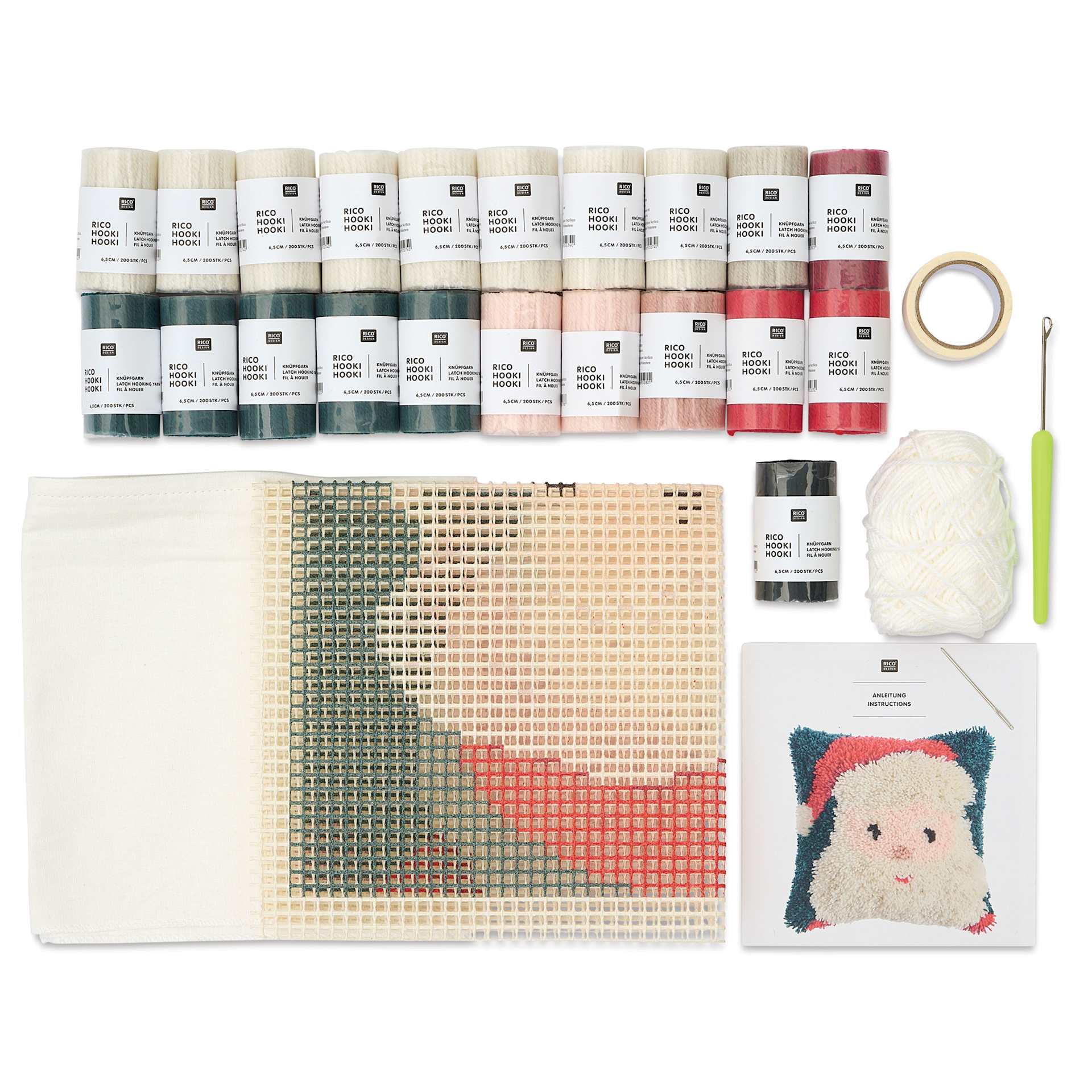Rico Design Latch Hooking Kits - Santa Pillow, 15" x 15", contents