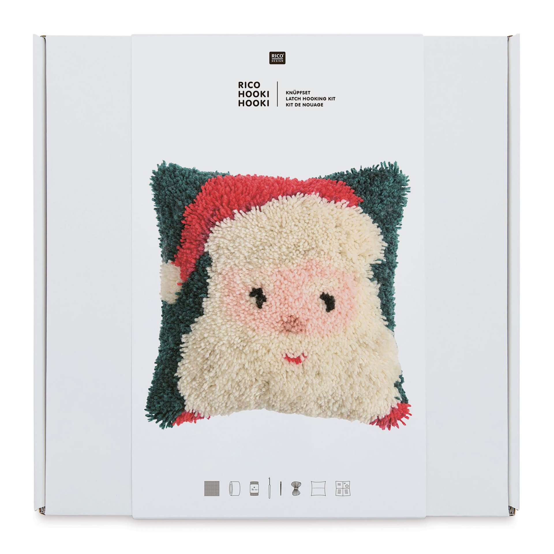 Rico Design Latch Hooking Kits - Santa Pillow, 15" x 15", packaging