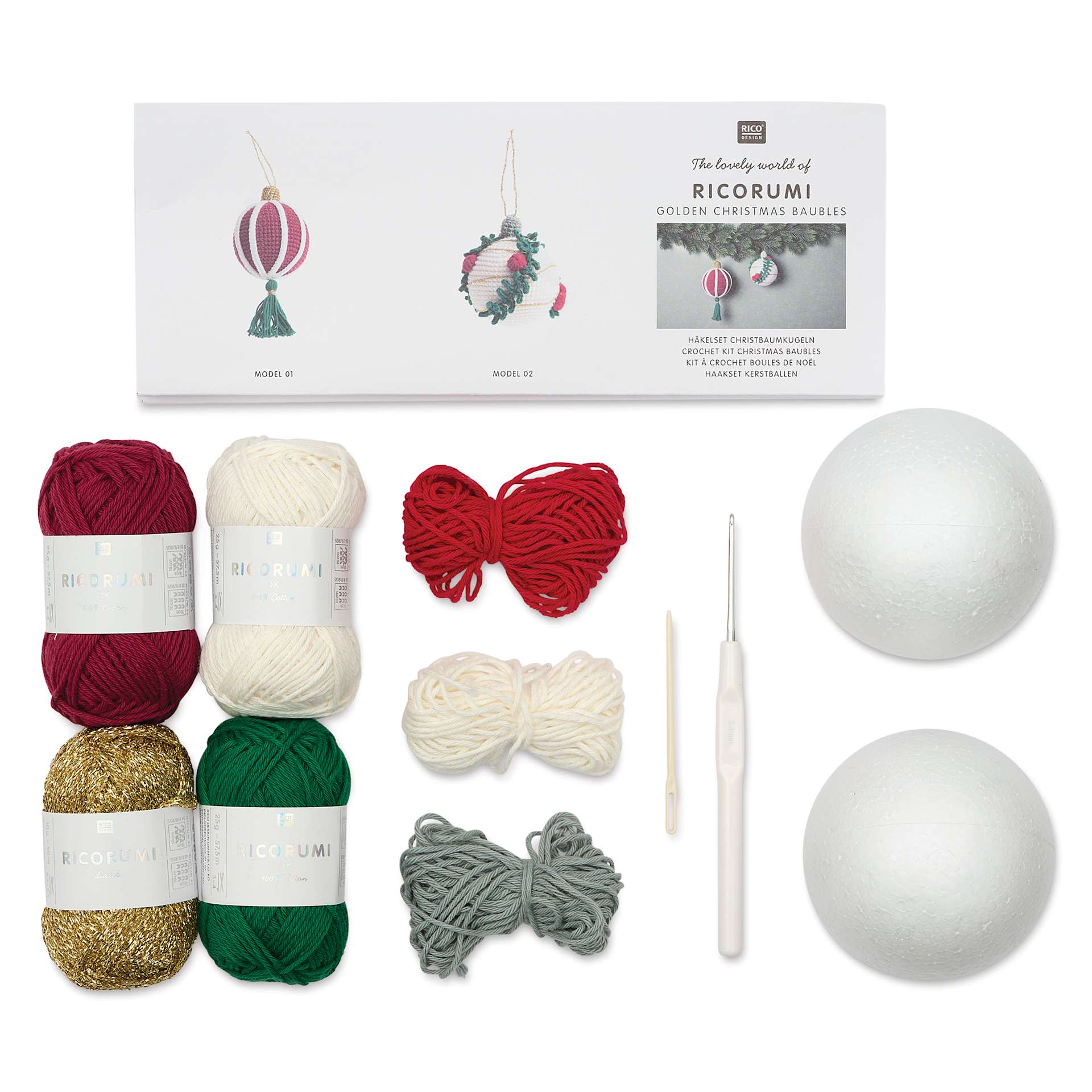 Rico Design Ricorumi Silver Christmas Bauble Crochet Kit contents