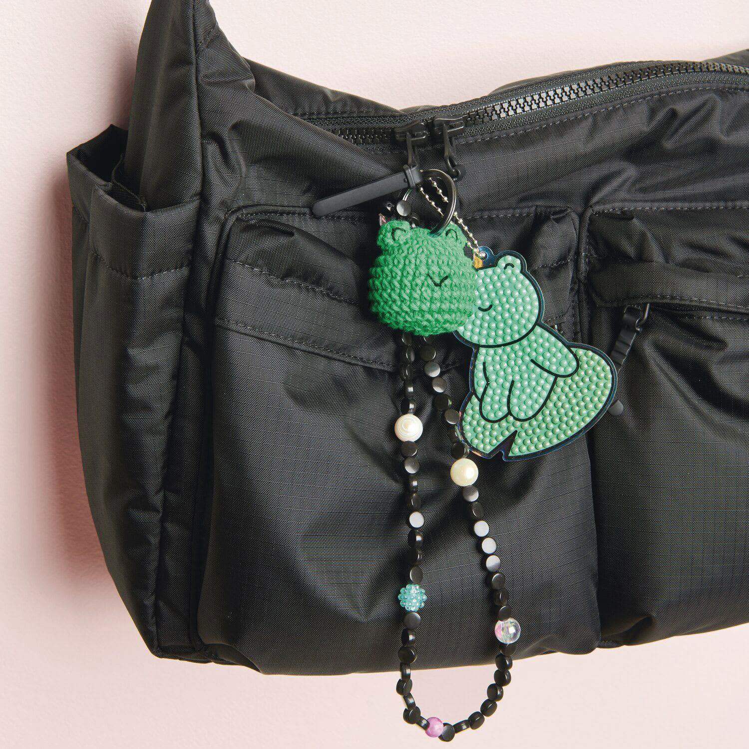 Rico Design Ricorumi Crochet Keyring Kit - Animals completed frog project attached to bag
