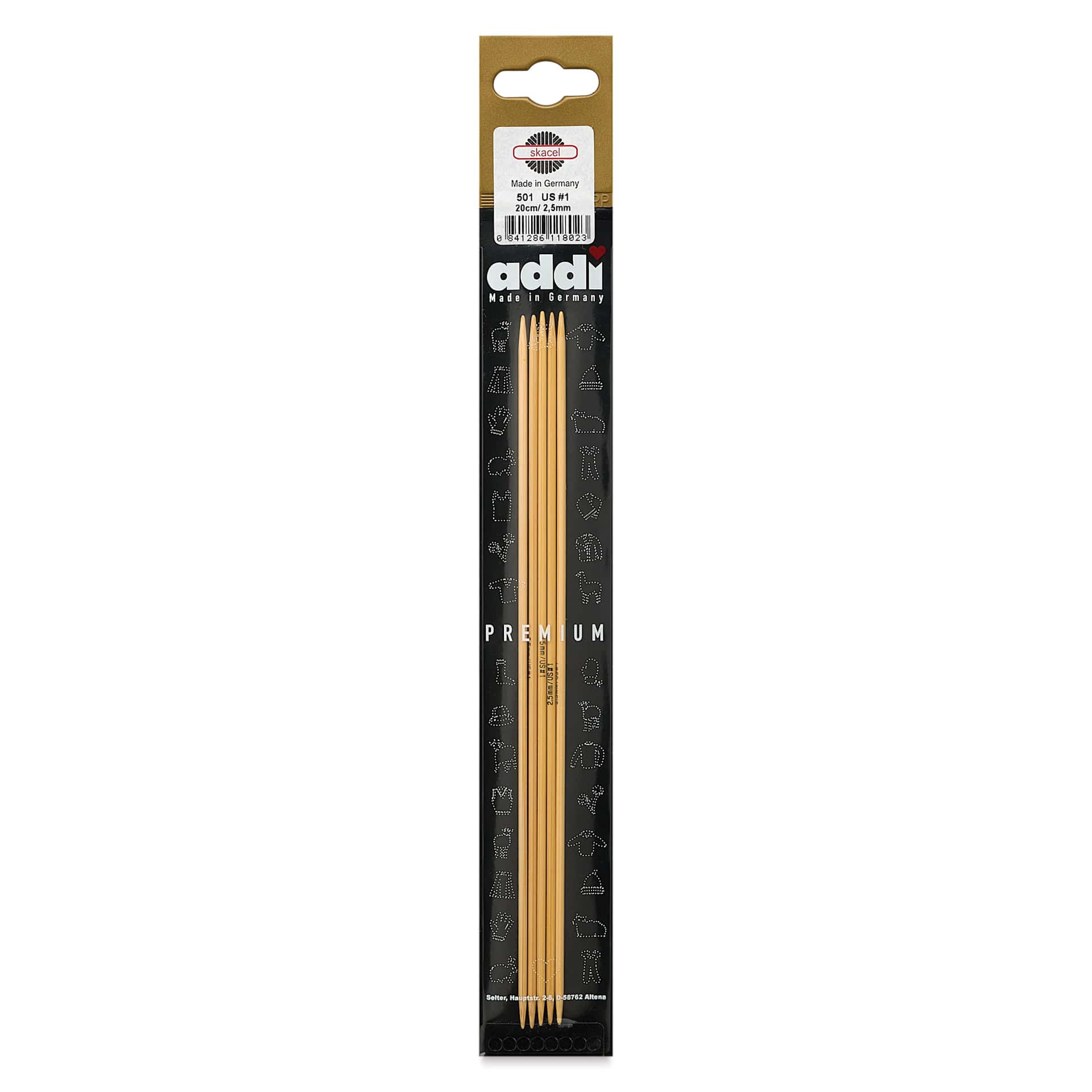 Skacel by Addi Bamboo Double Pointed Knitting Needles - Pkg of 5, US 01, 8" front of packaging