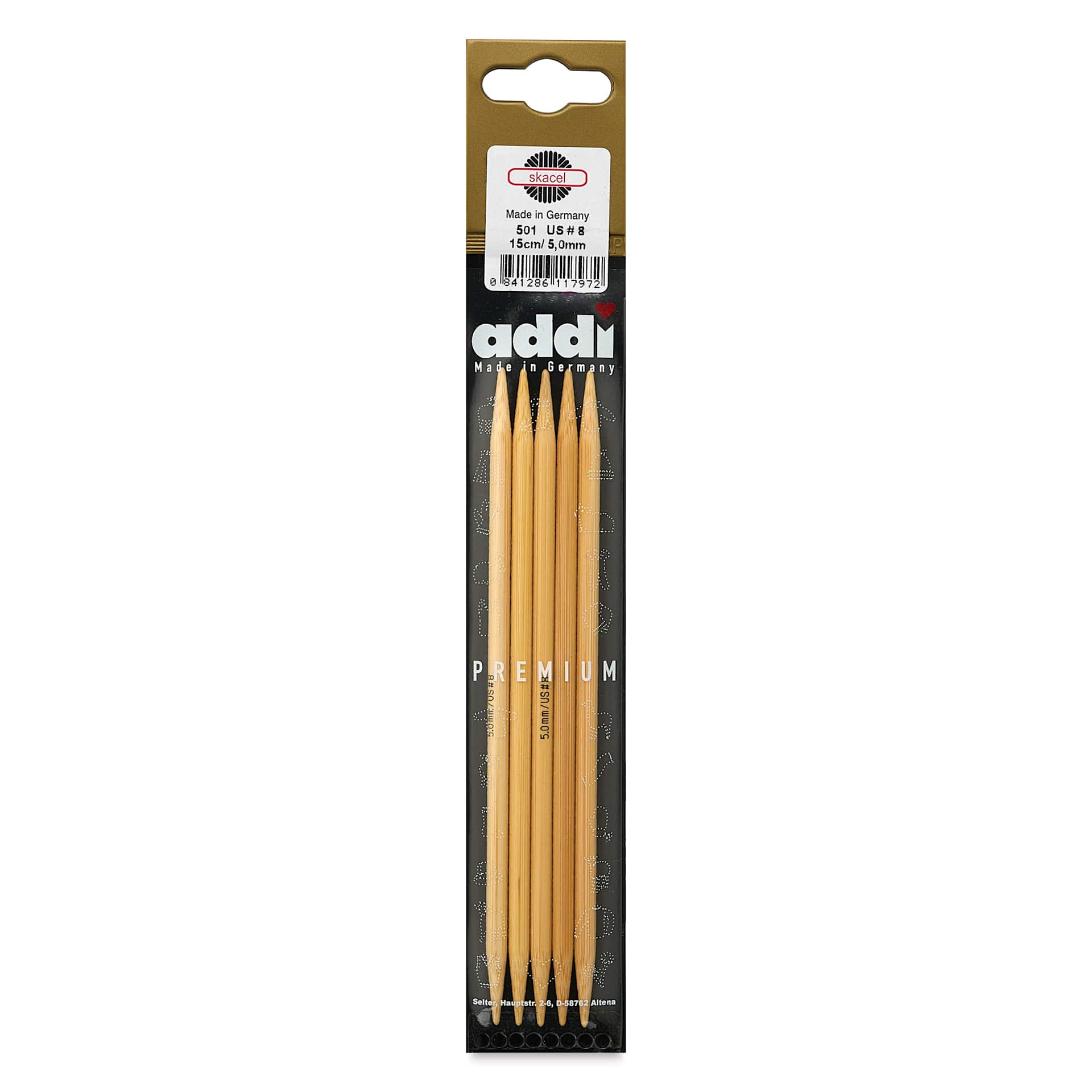 Skacel by Addi Bamboo Double Pointed Knitting Needles - Pkg of 5, US 08, 6" front of packaging
