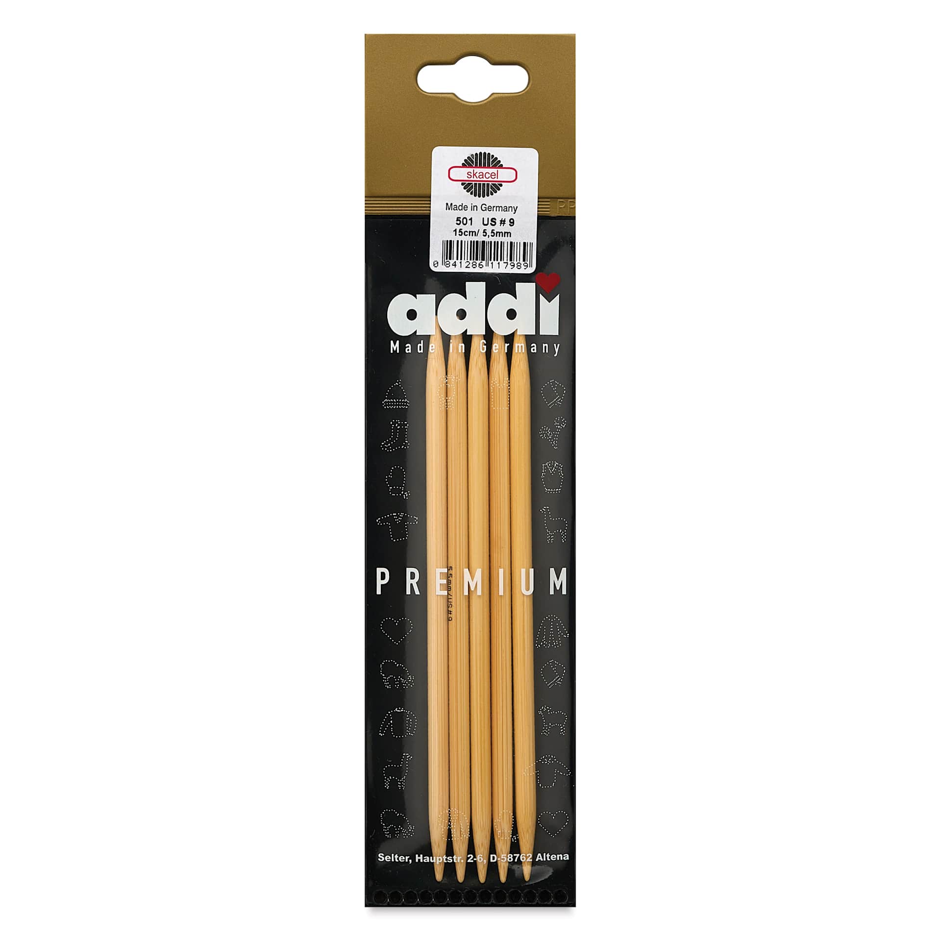 Skacel by Addi Bamboo Double Pointed Knitting Needles - Pkg of 5, US 09, 6" front of packaging