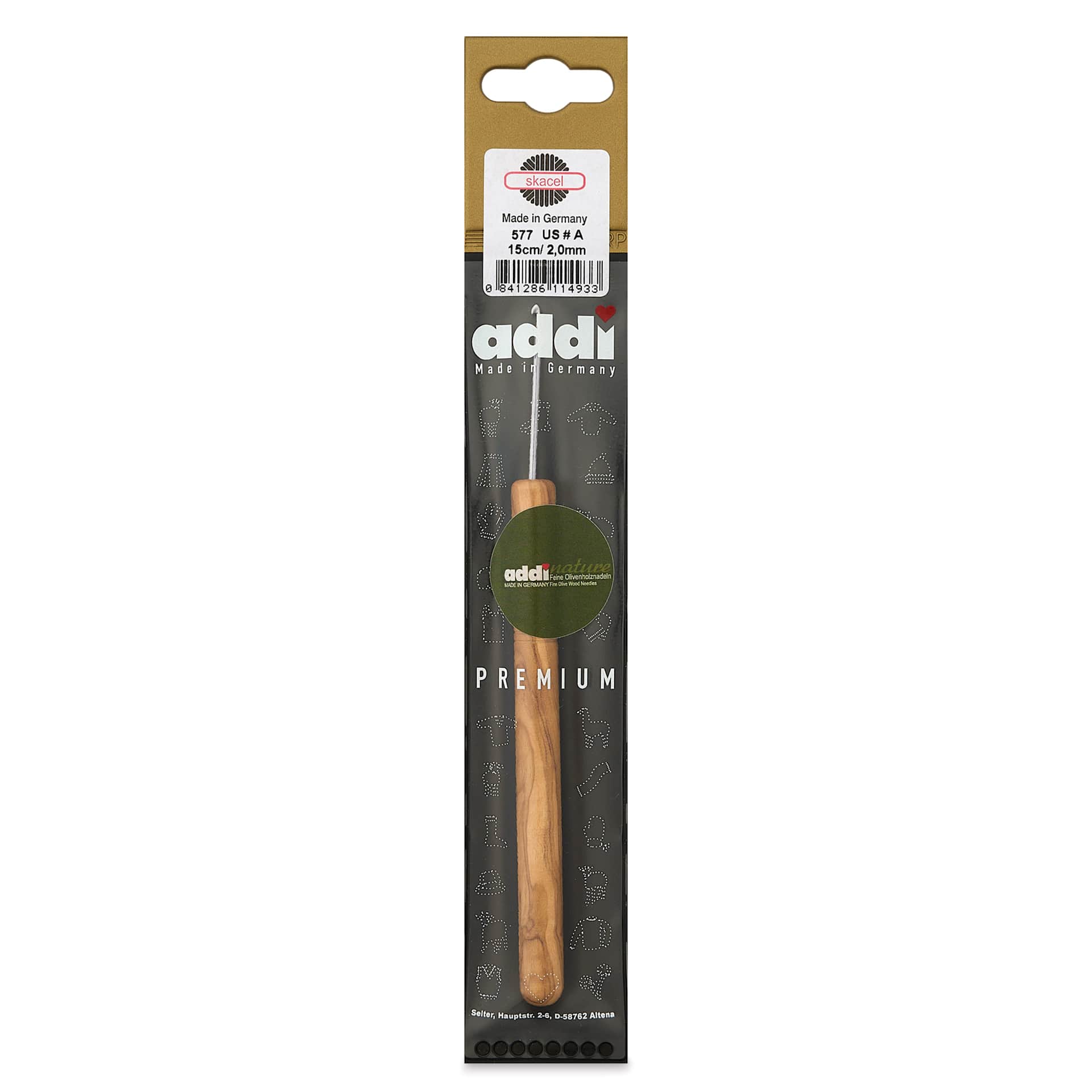 Skacel by Addi Olive Wood Crochet Hook - US A, 2.00 mm front of packaging