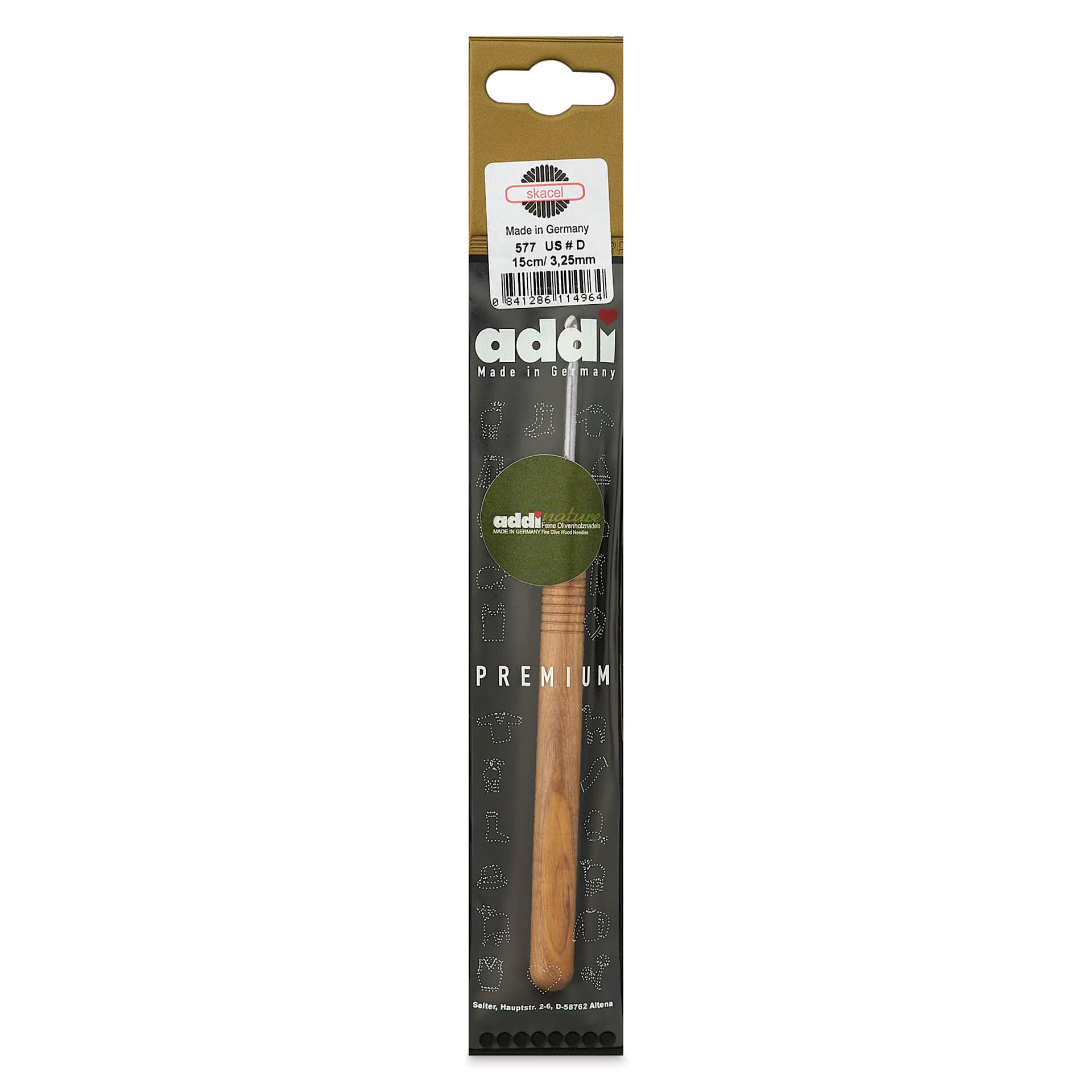 Skacel by Addi Olive Wood Crochet Hook - US D, 3.25 mm front of packaging