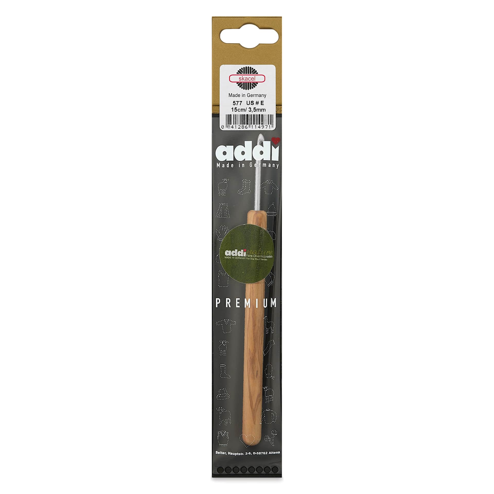 Skacel by Addi Olive Wood Crochet Hook - US E, 3.50 mm front of packaging