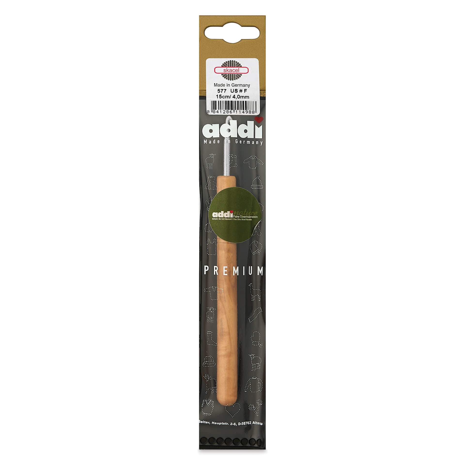 Skacel by Addi Olive Wood Crochet Hook - US F, 4.00 mm front of packaging