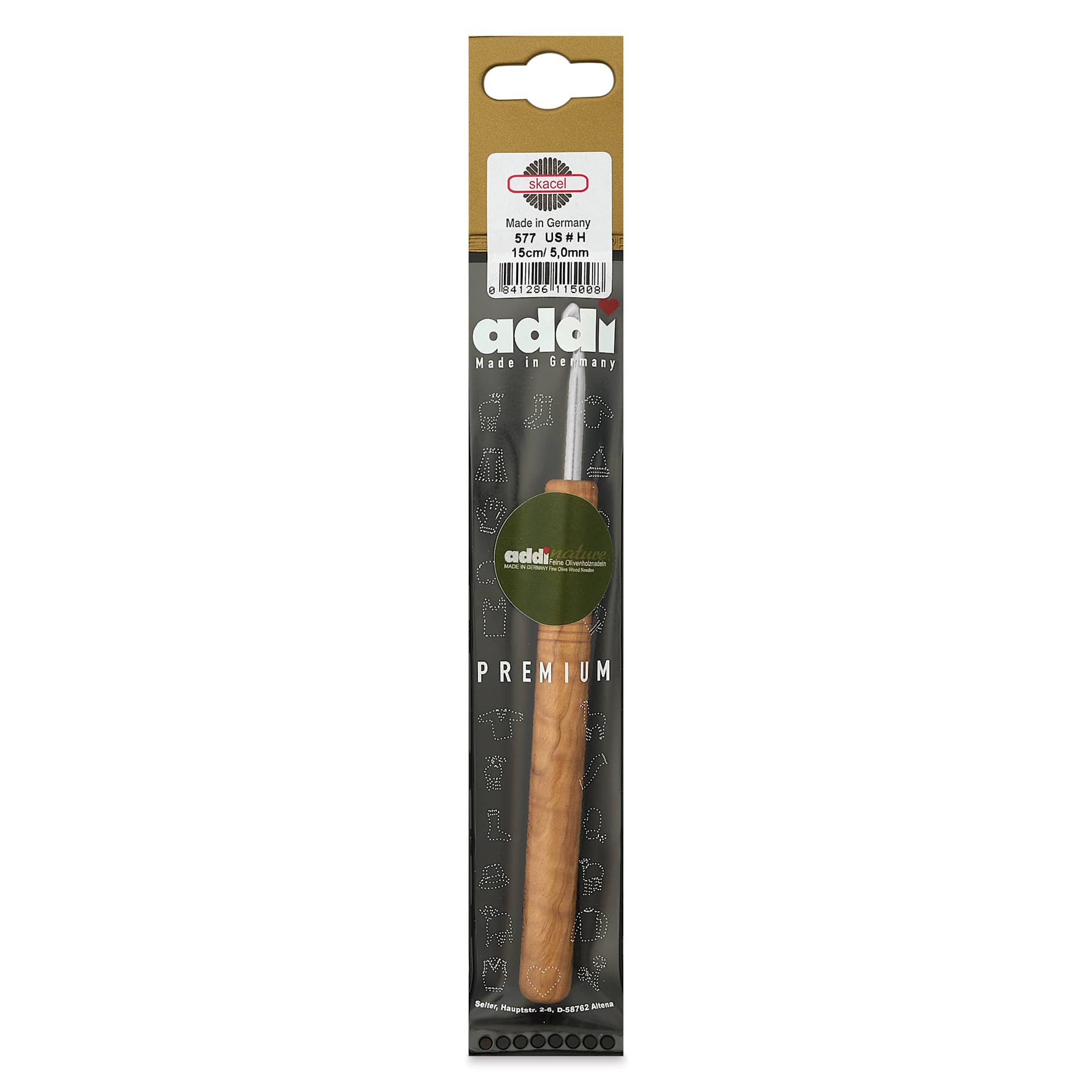 Skacel by Addi Olive Wood Crochet Hook - US H, 5.00 mm front of packaging