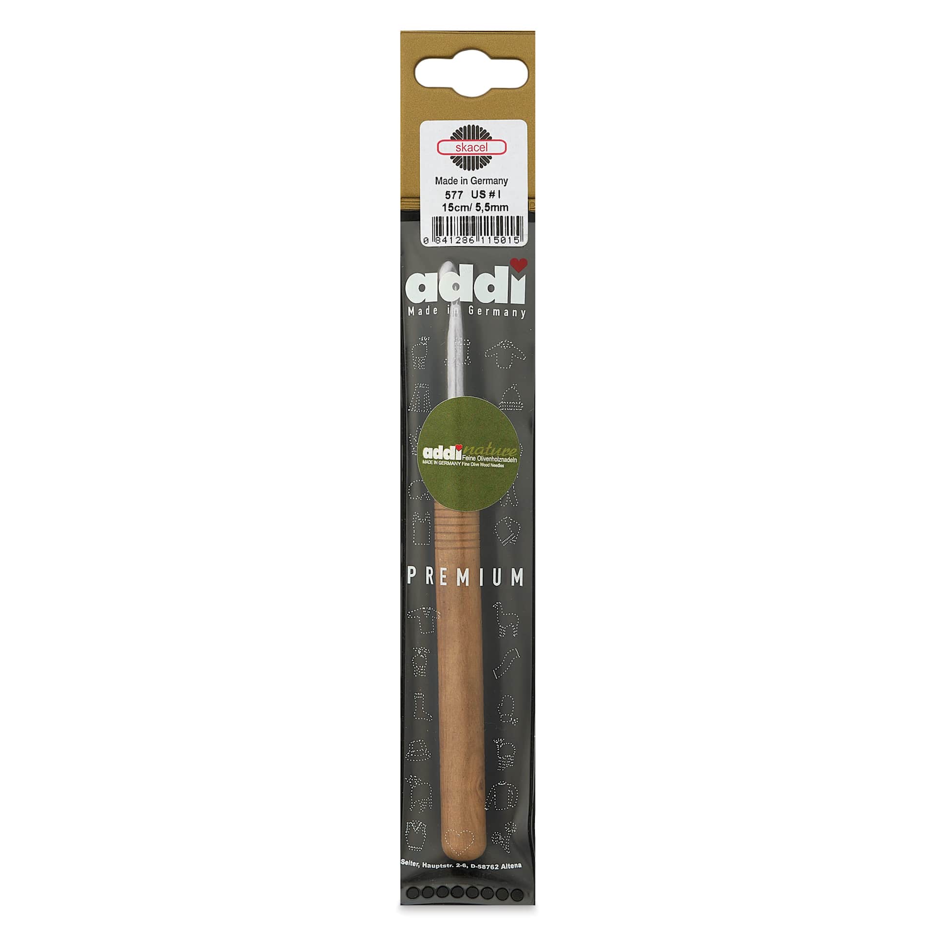 Skacel by Addi Olive Wood Crochet Hook - US I, 5.50 mm front of packaging