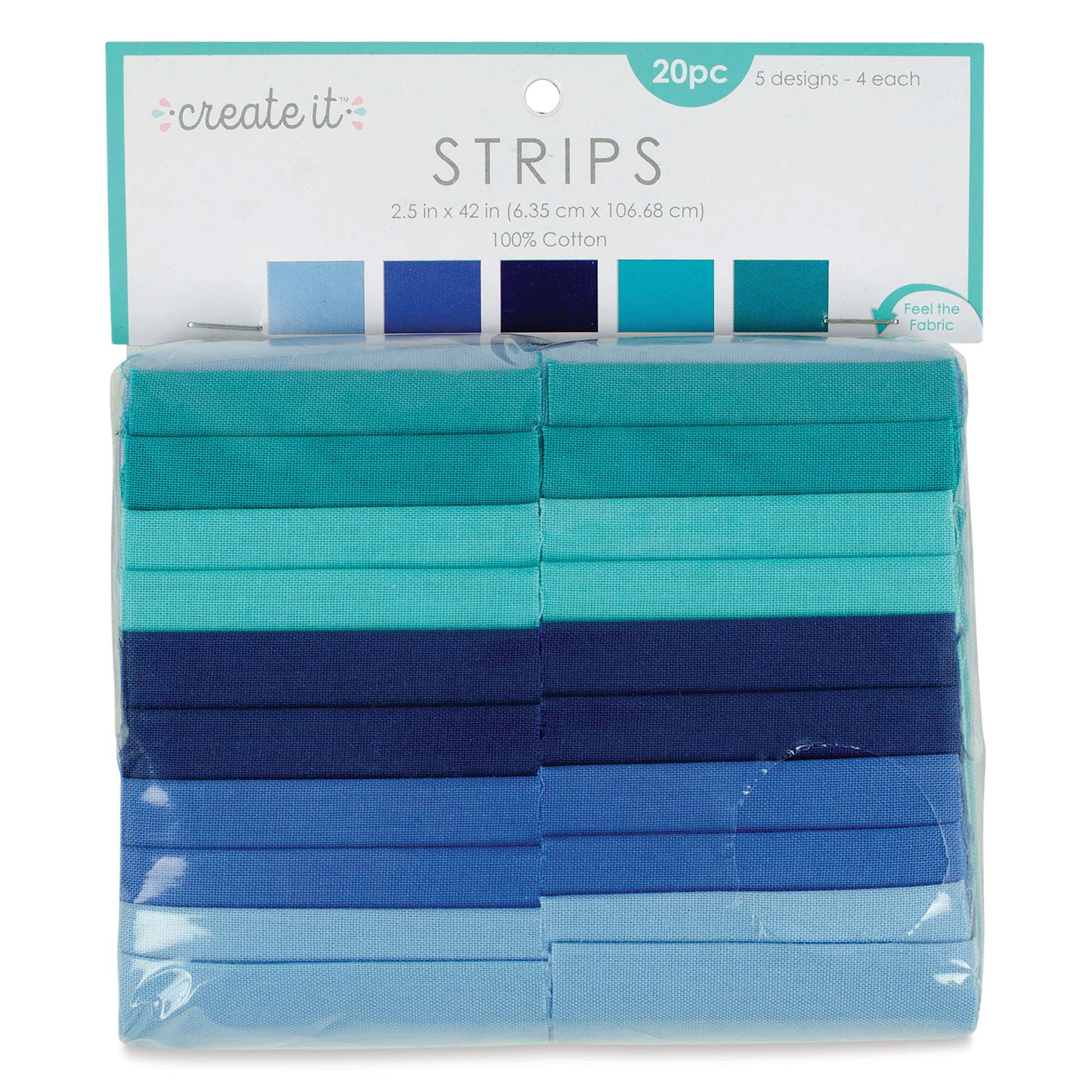 Create It Fabric Strips - Pkg of 20, Solid Blues, 2.5" x 42" front of packaging