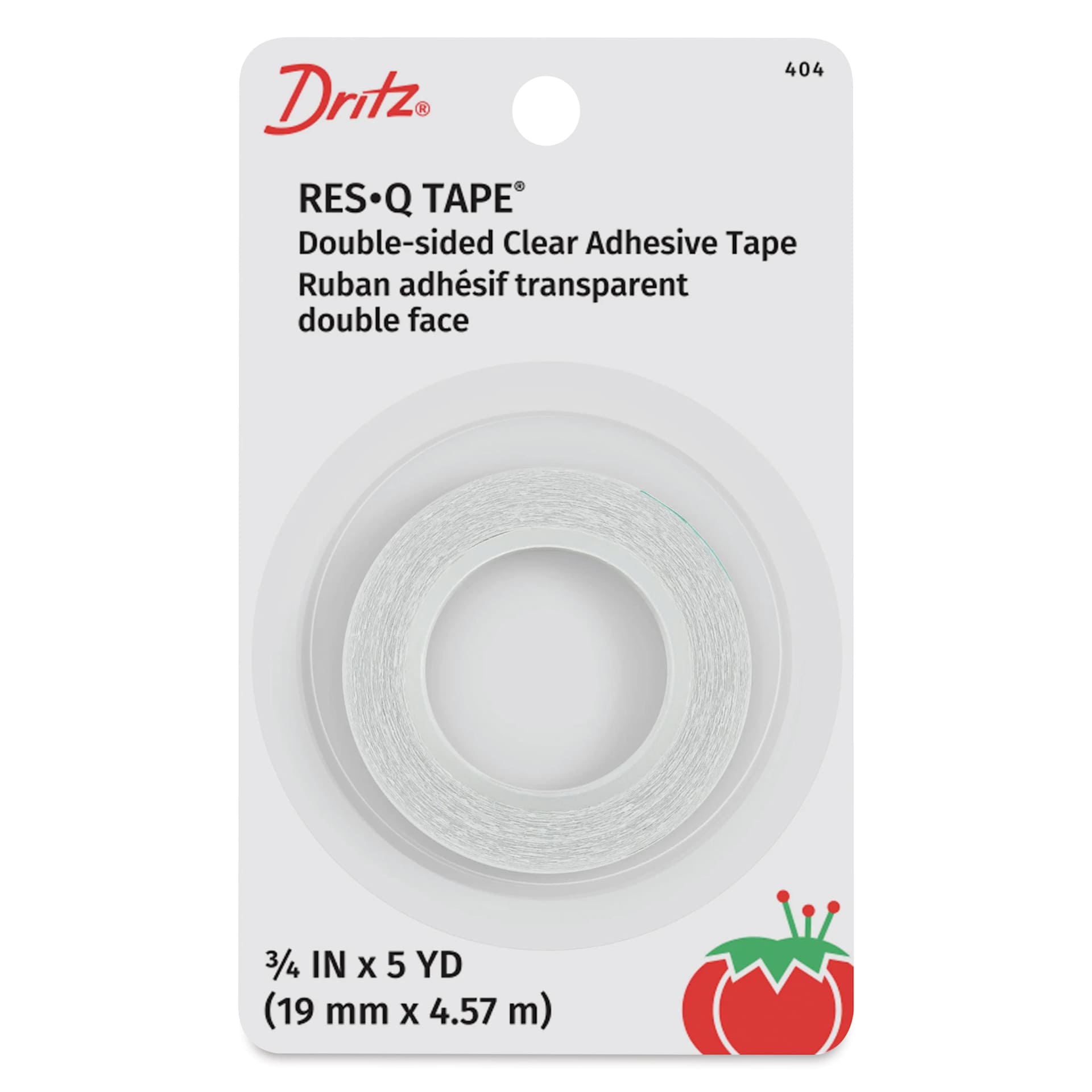 Dritz Res-Q Tape Double-Sided Clear Adhesive - 3/4" x 5 yds, Clear front of packaging