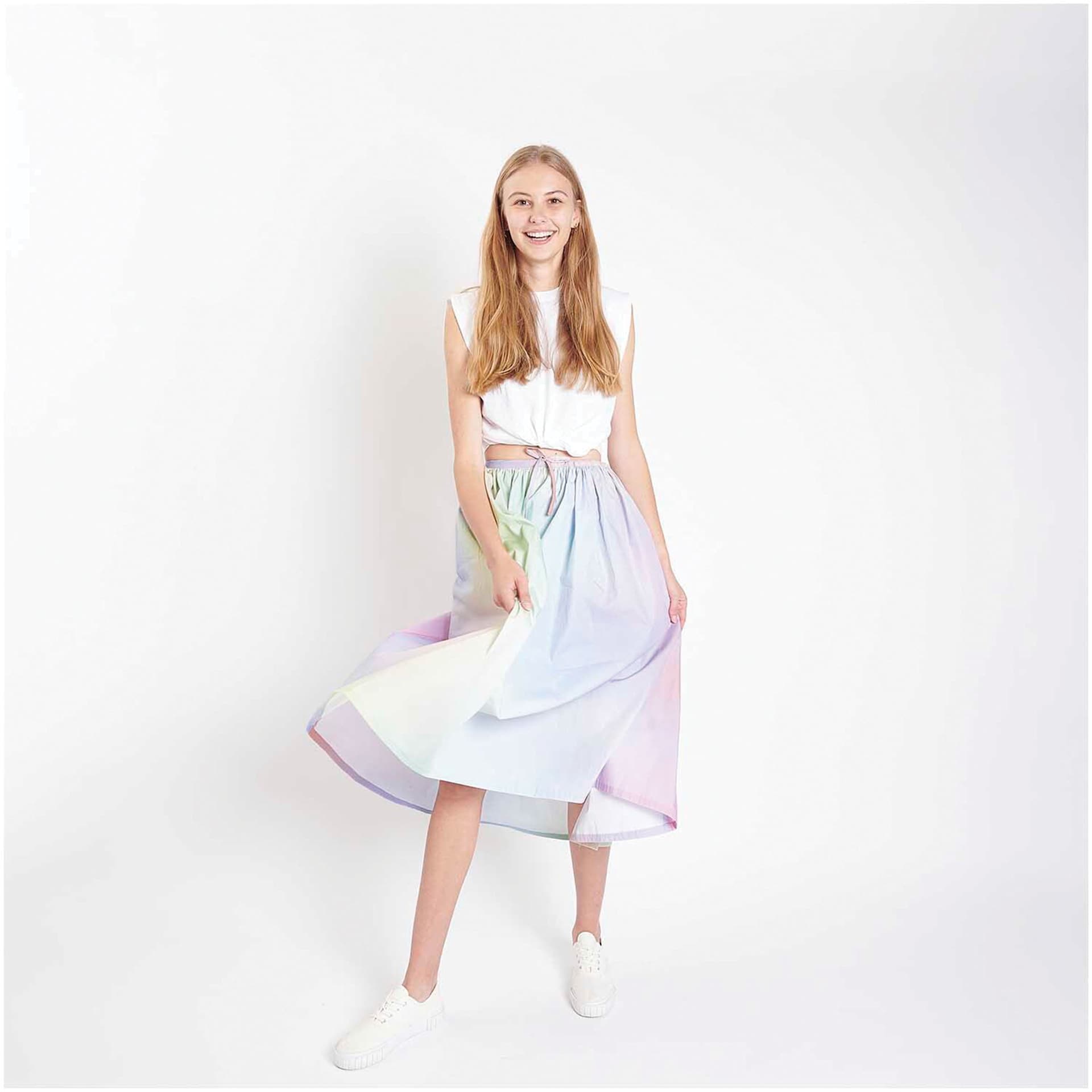 Rico Design Cotton Poplin Fabric - Pink Gradient, 50 cm x 140 cm completed skirt project front view