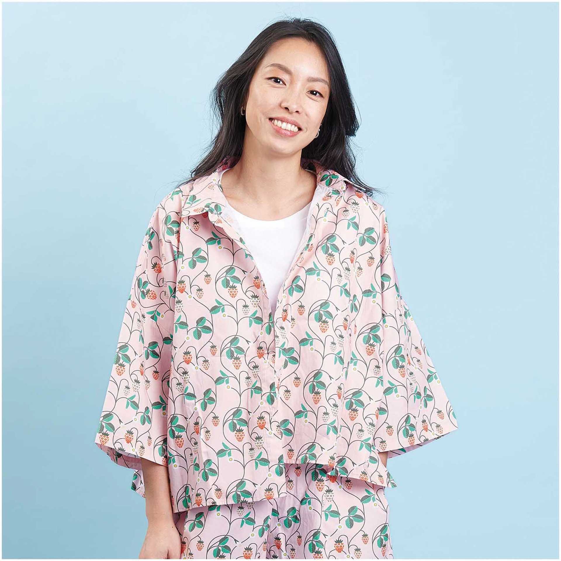 Rico Design Cotton Poplin Fabric - Pink Strawberries, 50 cm x 140 cm completed pajama project