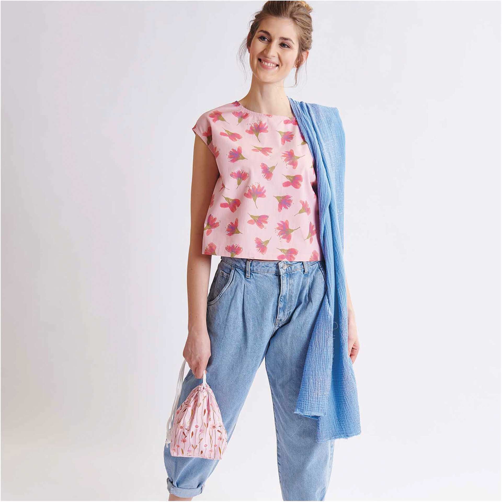 Rico Design Printed Cotton Fabric - Salmon Watercolour Blossoms, 50 cm x 140 cm completed shirt project front view
