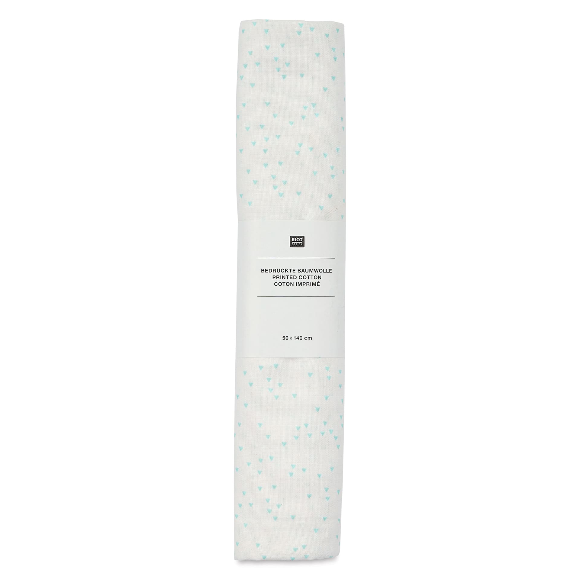 Rico Design Printed Cotton Fabric - White and Mint Triangles, 50 cm x 140 cm in packaging