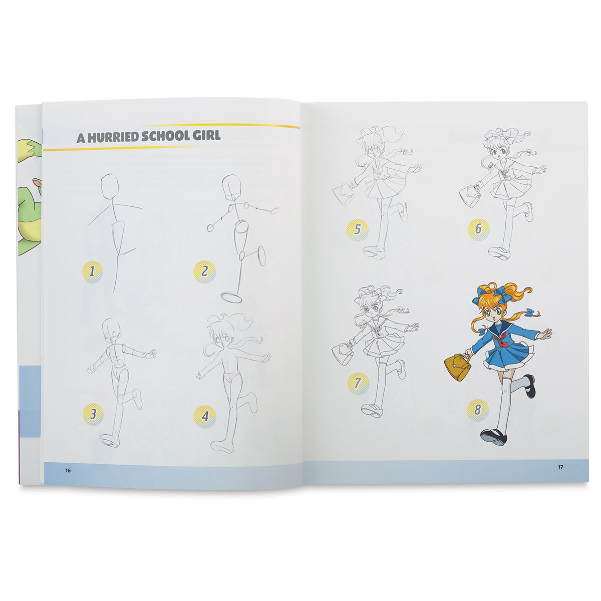 Fast Draw Manga Challenge - Spread showing steps for drawing a schoolgirl
