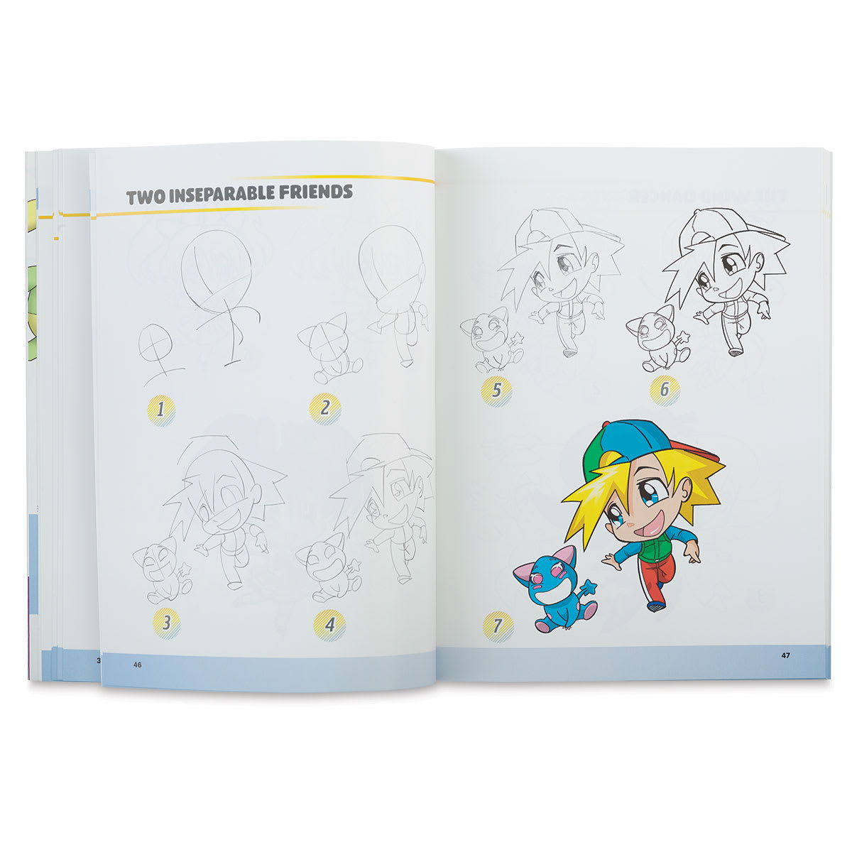 Fast Draw Manga Challenge - Spread showing steps for drawing a boy with small pet
