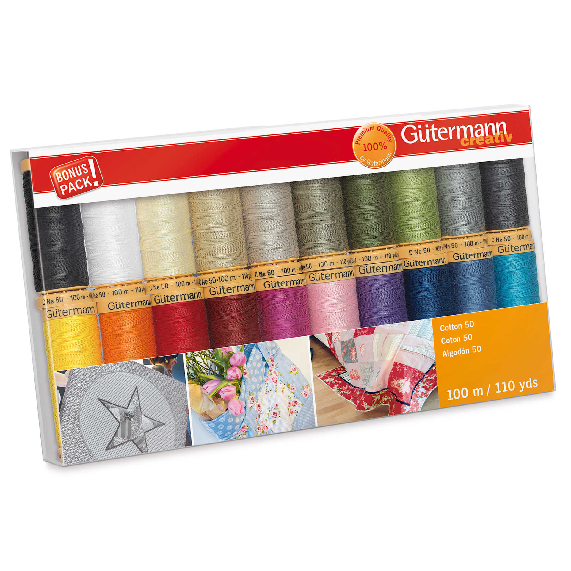 Gutermann Natural Cotton 50 Sewing Thread - Set of 20, Basic Shades, 109 yds front of packaging