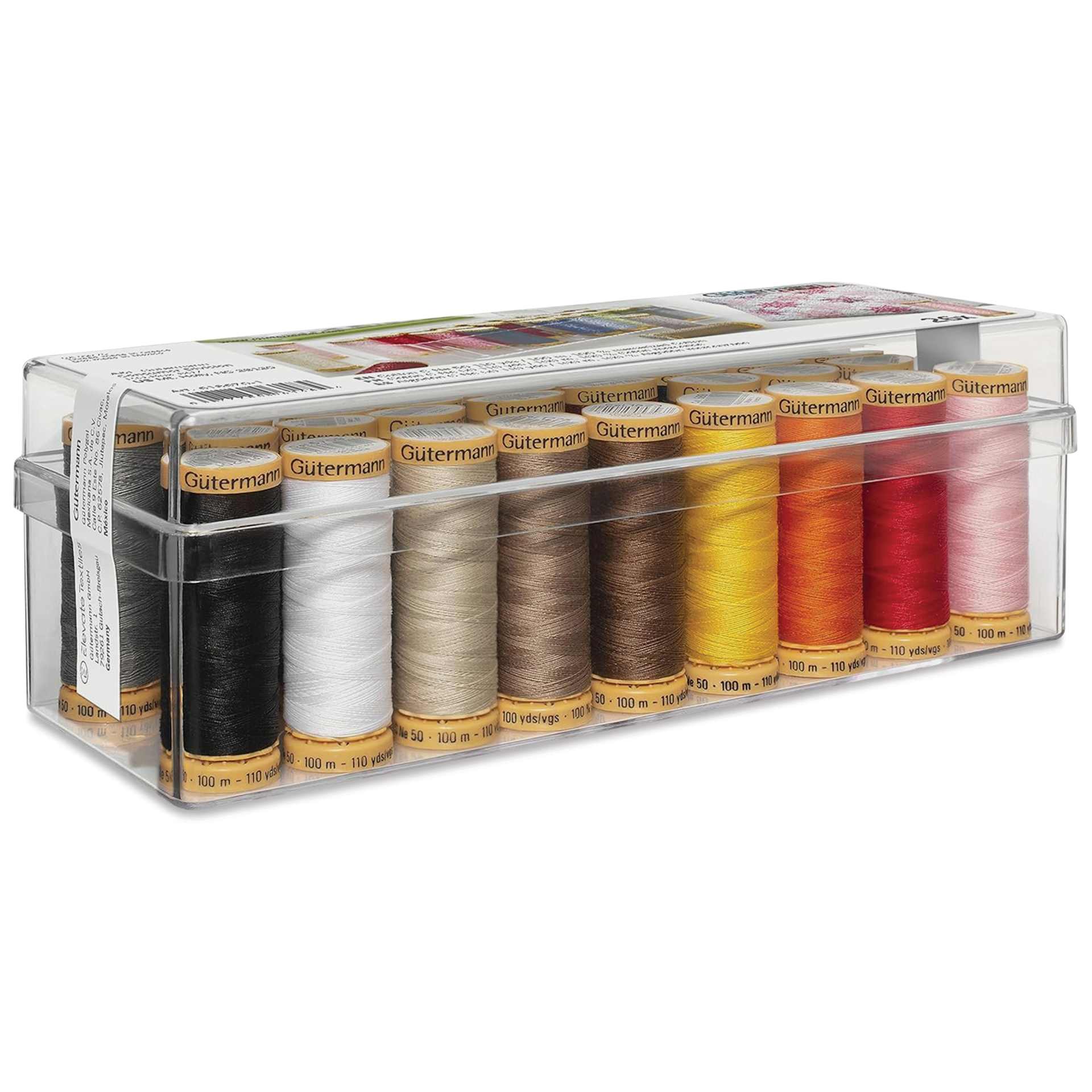 Gutermann Natural Cotton 50 Sewing Thread - Set of 26 with Box, Basic Shades, 109 yds packaging side view