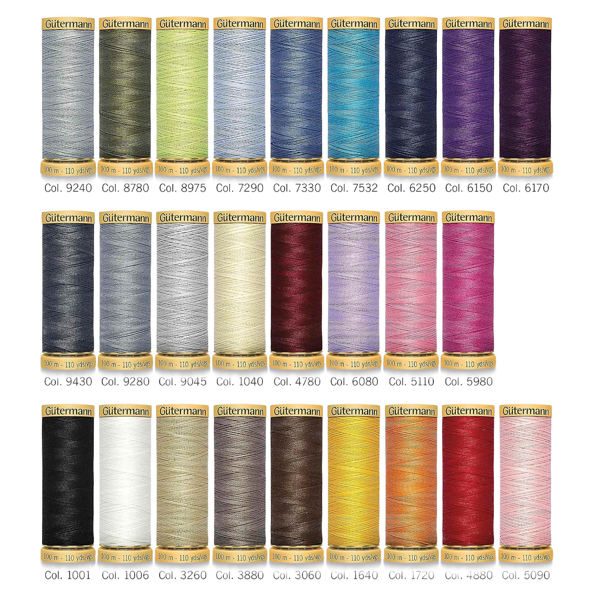 Gutermann Natural Cotton 50 Sewing Thread - Set of 26 with Box, Basic Shades, 109 yds showing included colors